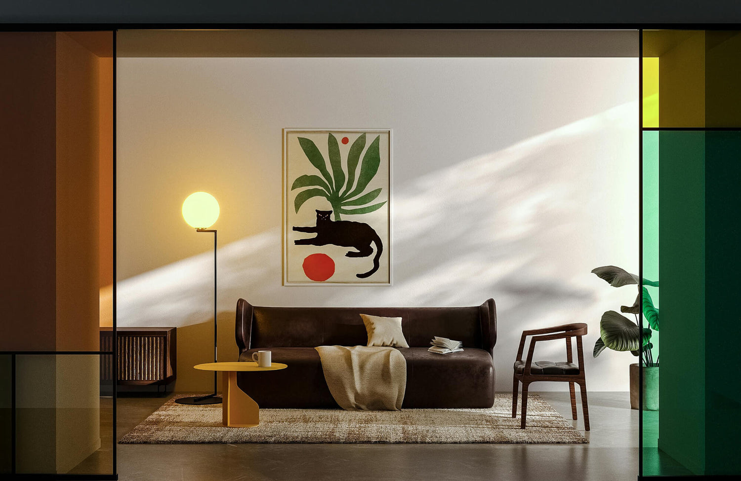 Modern living room with brown leather sofa, abstract wall art, floor lamp, and warm sunlight creating a cozy, balanced focal point.