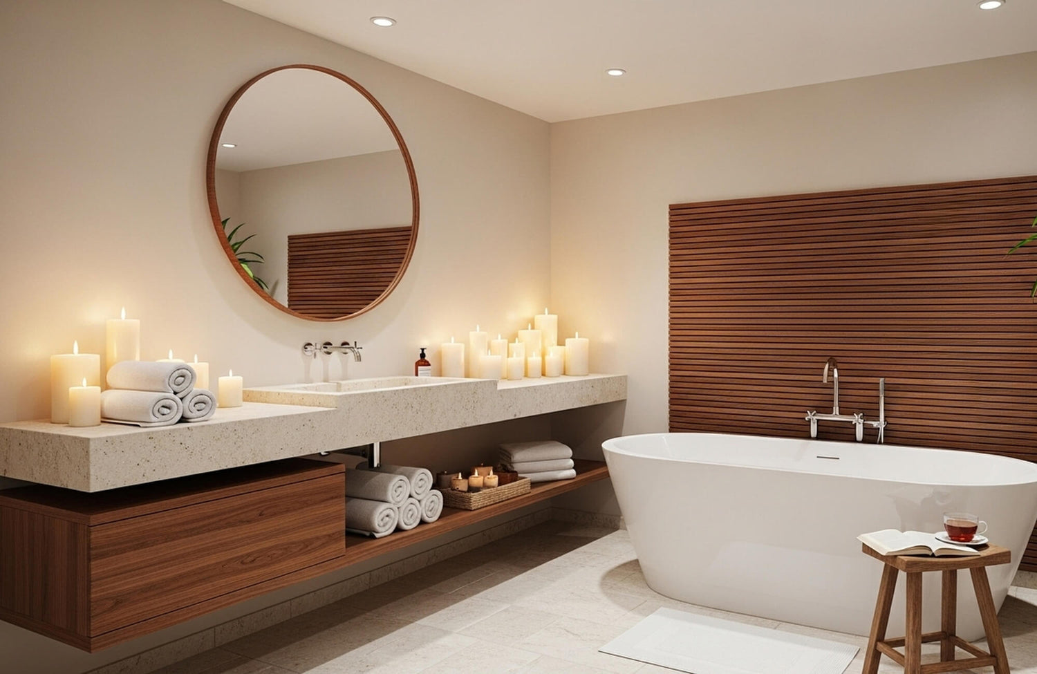 A serene bathroom with a floating wood vanity, round mirror, stone countertop, candles, and a freestanding tub beside wood paneling.
