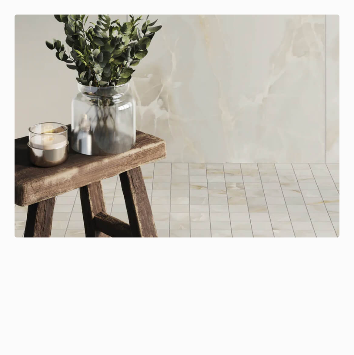 Rustic wooden stool against onyx-look tiles, with lush greenery in a clear vase