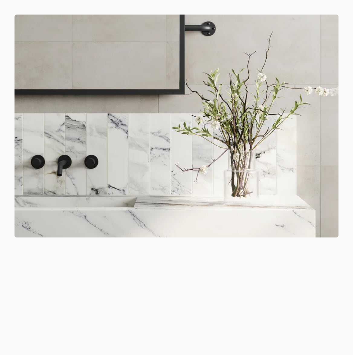 Elegant bathroom showcasing marble-look porcelain tiles, with a seamless trough and subway tile backsplash, creating a luxurious spa-like atmosphere.