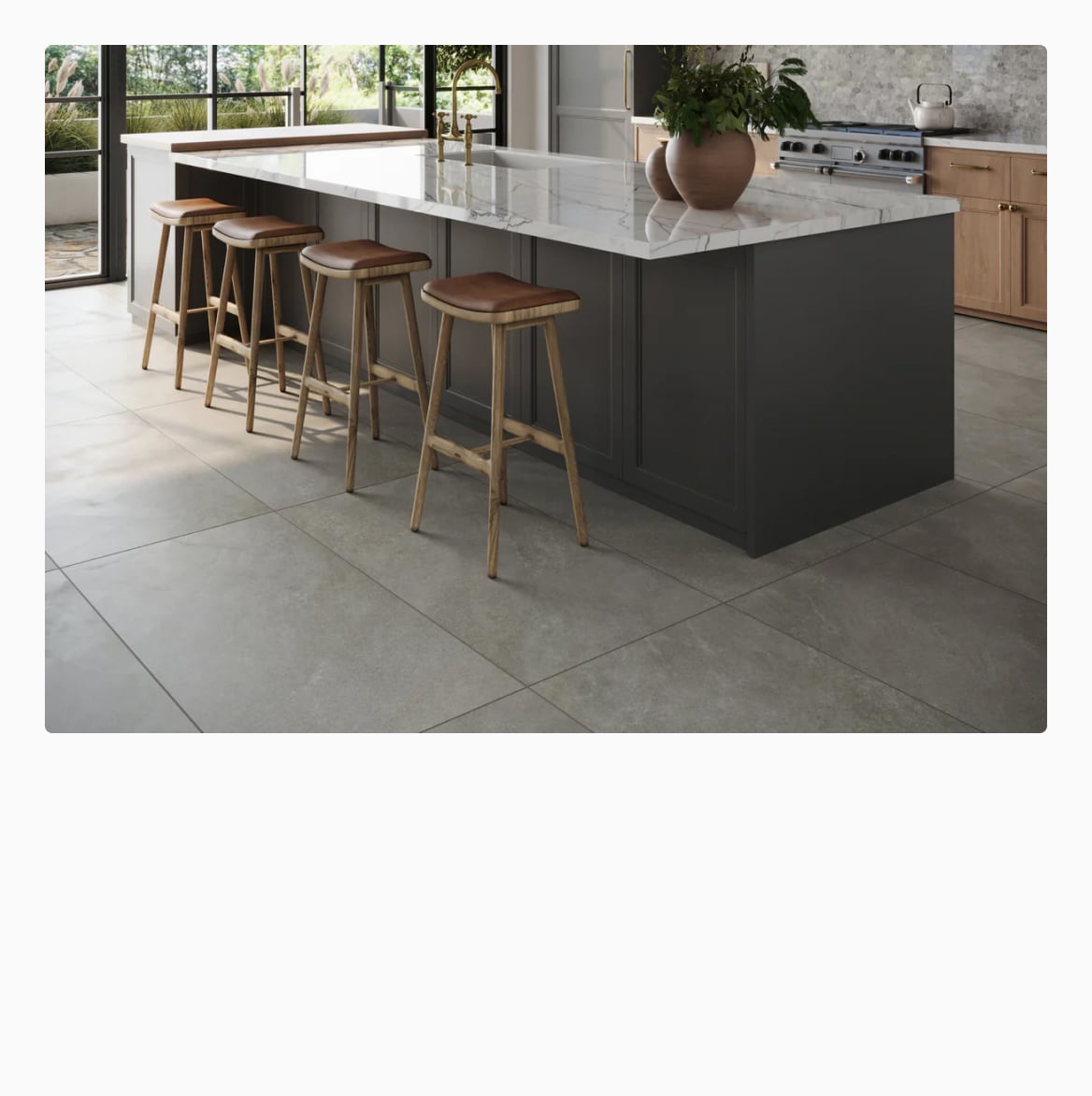 Chic kitchen space showcasing large 24x48 Tiles, with a sleek Travertine look, enhancing the room's modern appeal.