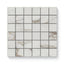 Matte mosaic tiles in taupe with a 2x2 grid, showcasing warm golden veining on a soft white base, perfect for adding a touch of elegance to any space.