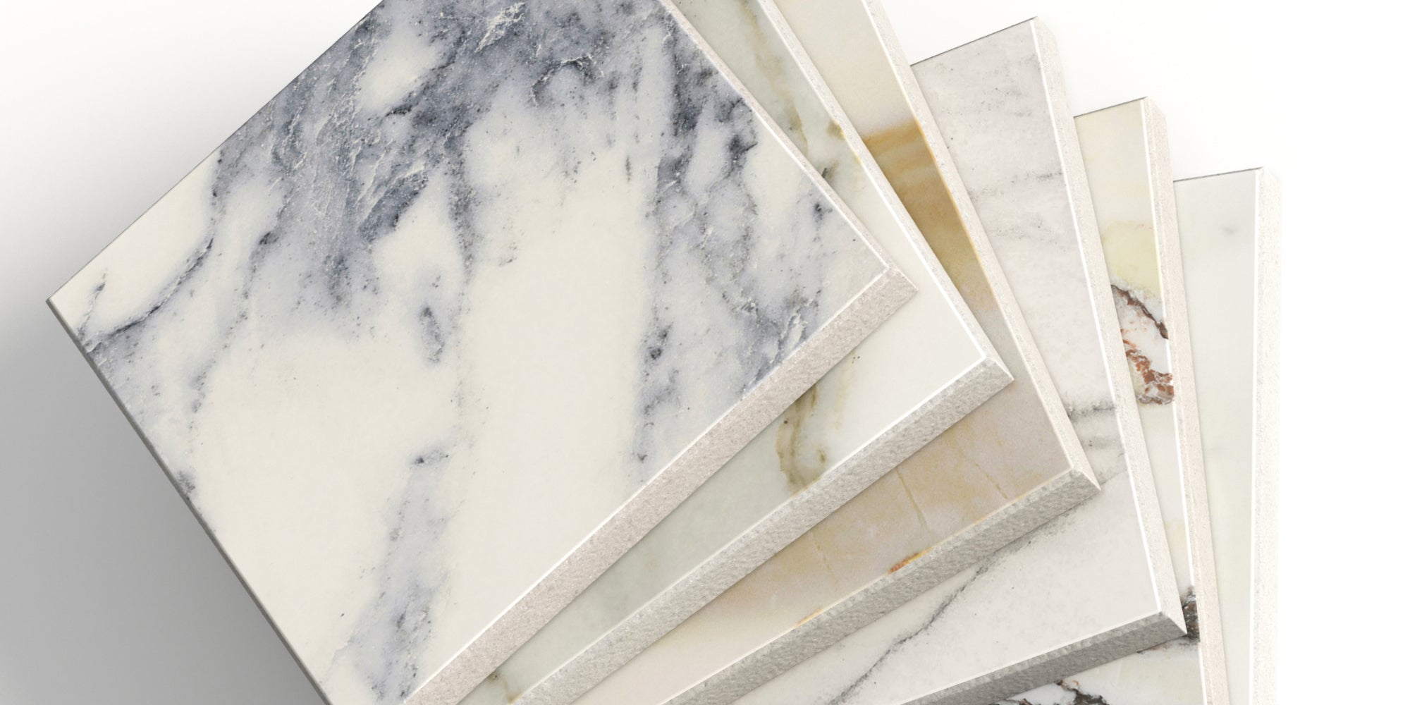 Showcase of complimentary 4x4 Aniston collection samples in six distinct colors, demonstrating the collection's marble-look porcelain versatility.