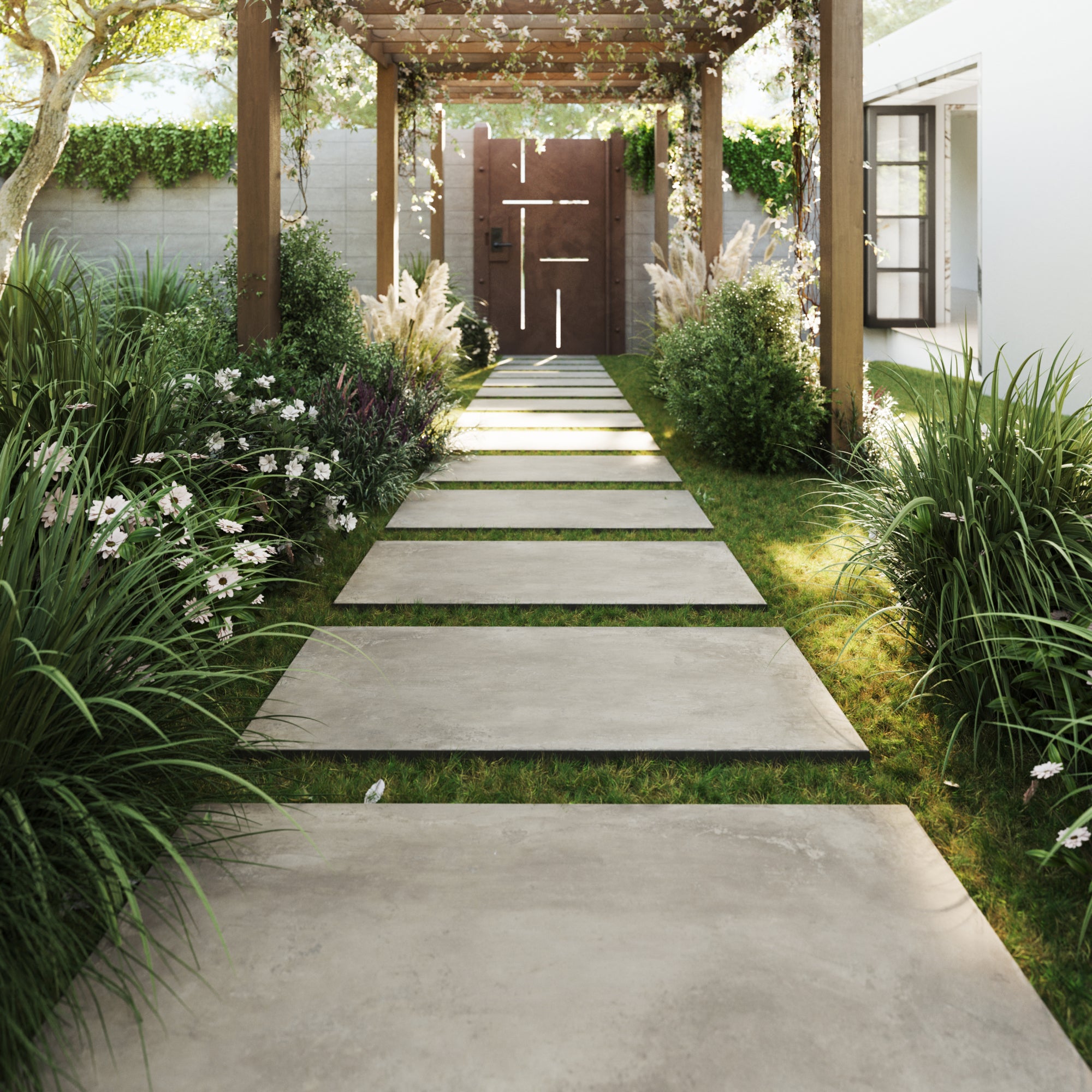 "Step into luxury with a walkway crafted from Ramsey 24x48 Grip Porcelain Outdoor Field Tiles in Putty. These 2CM concrete-look porcelain pavers offer an elegant and sturdy pathway, blending the industrial chic aesthetic with outdoor grandeur. Each tile is a testament to sophisticated design, providing a durable and safe surface that stands the test of time while gracing any exterior space with an air of opulence.