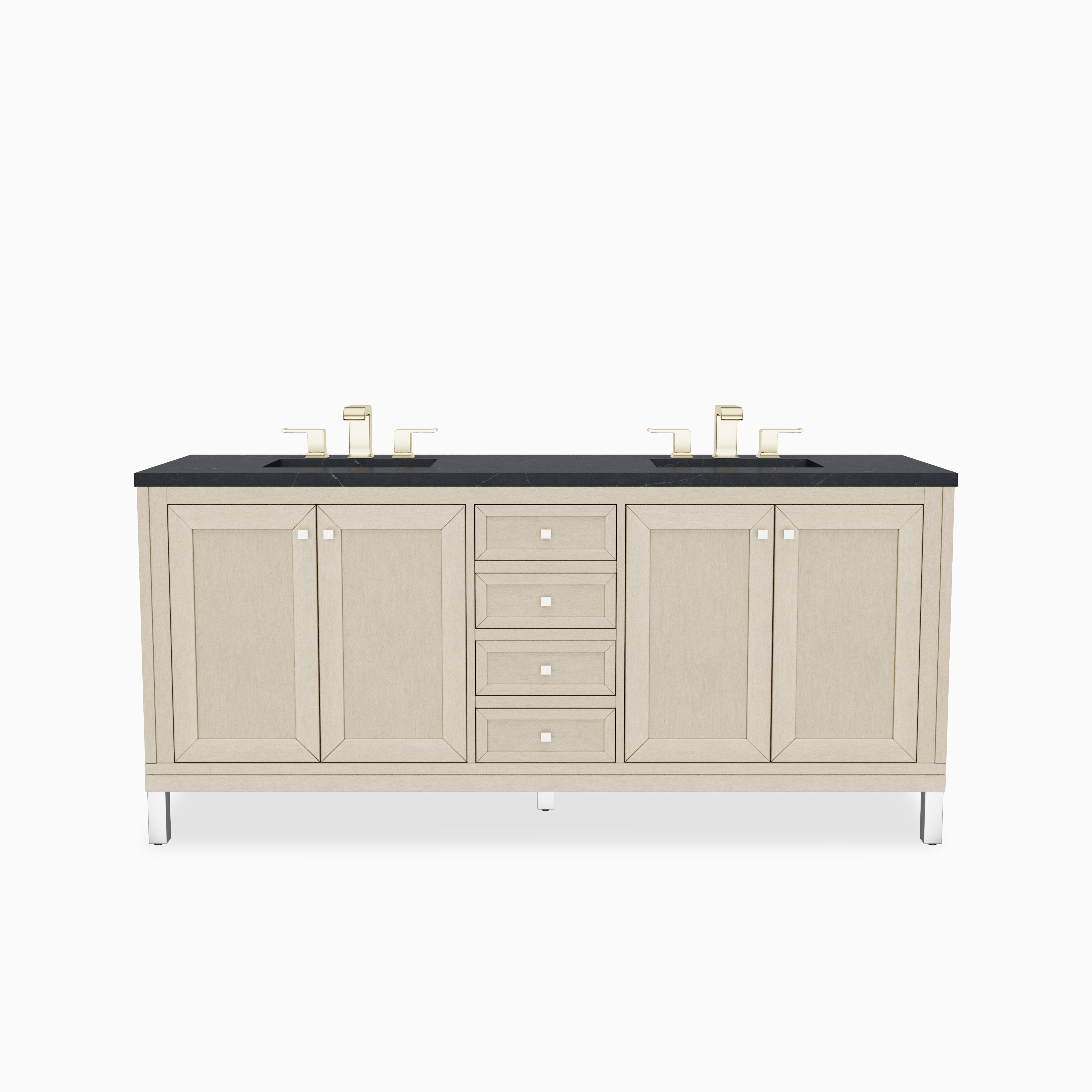 A 72 inch double bathroom vanity in Walnut Whisper with natural brown cabinetry, paneled storage doors, center drawers, brushed hardware, and a Charcoal Soapstone Silestone countertop.