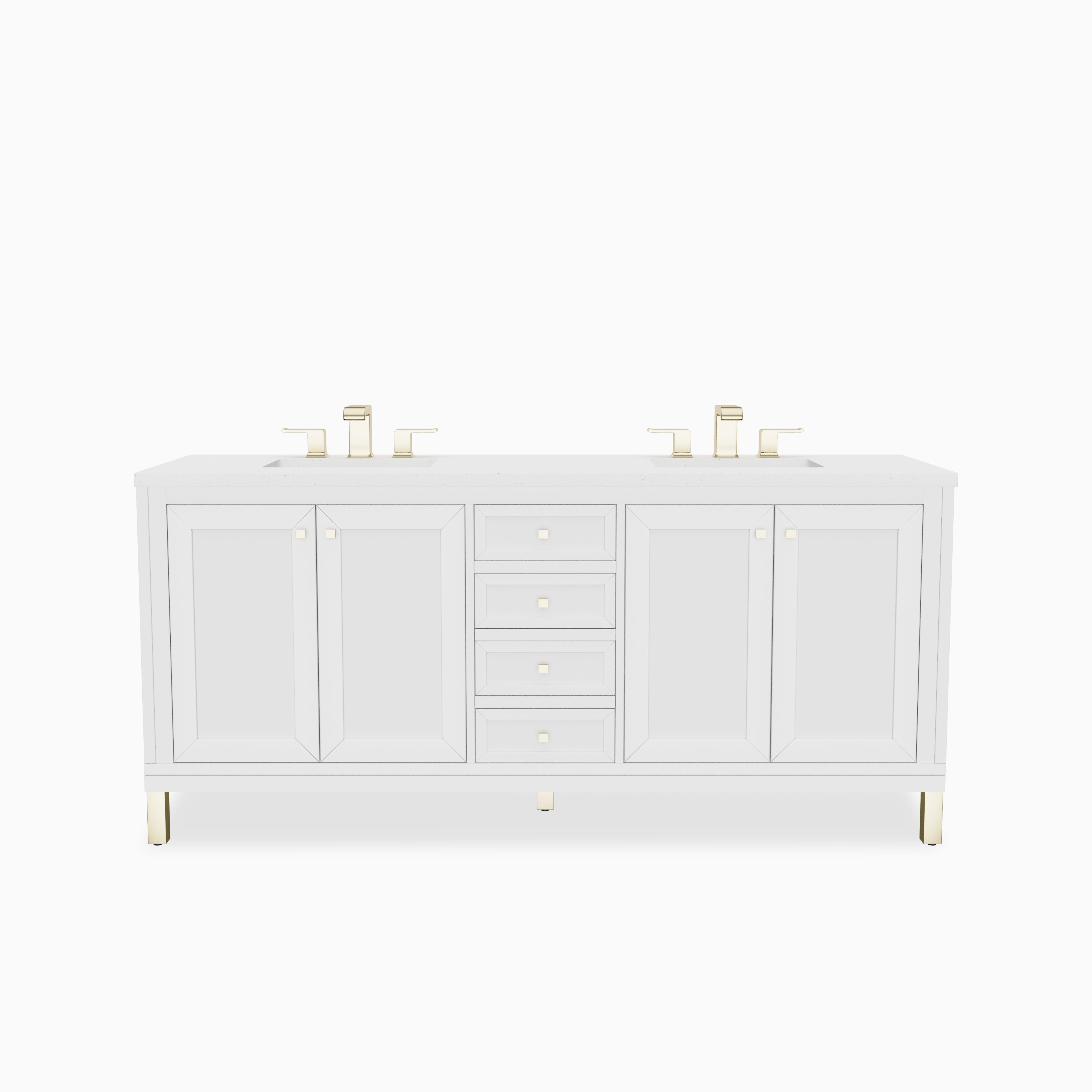 Glossy White cabinetry shapes this 72 inch double vanity, styled with framed cabinet doors, center drawers, brass hardware, and a Lime Delight Silestone top with two sinks.
