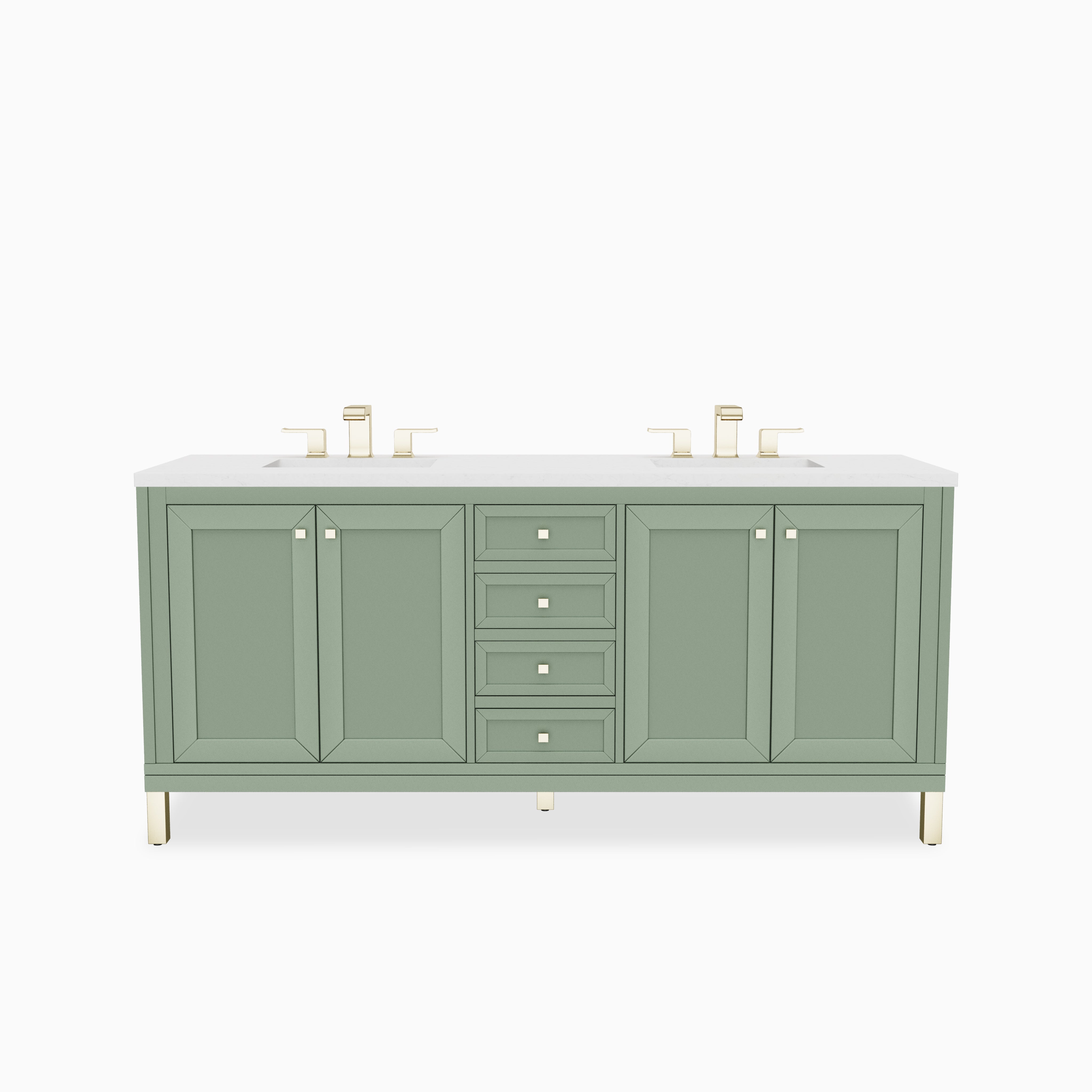 Smokey Celadon double bathroom vanity with framed cabinet doors, center drawers, and warm brass hardware, finished with a 3 cm Eternal Jasmine Pearl Silestone countertop.