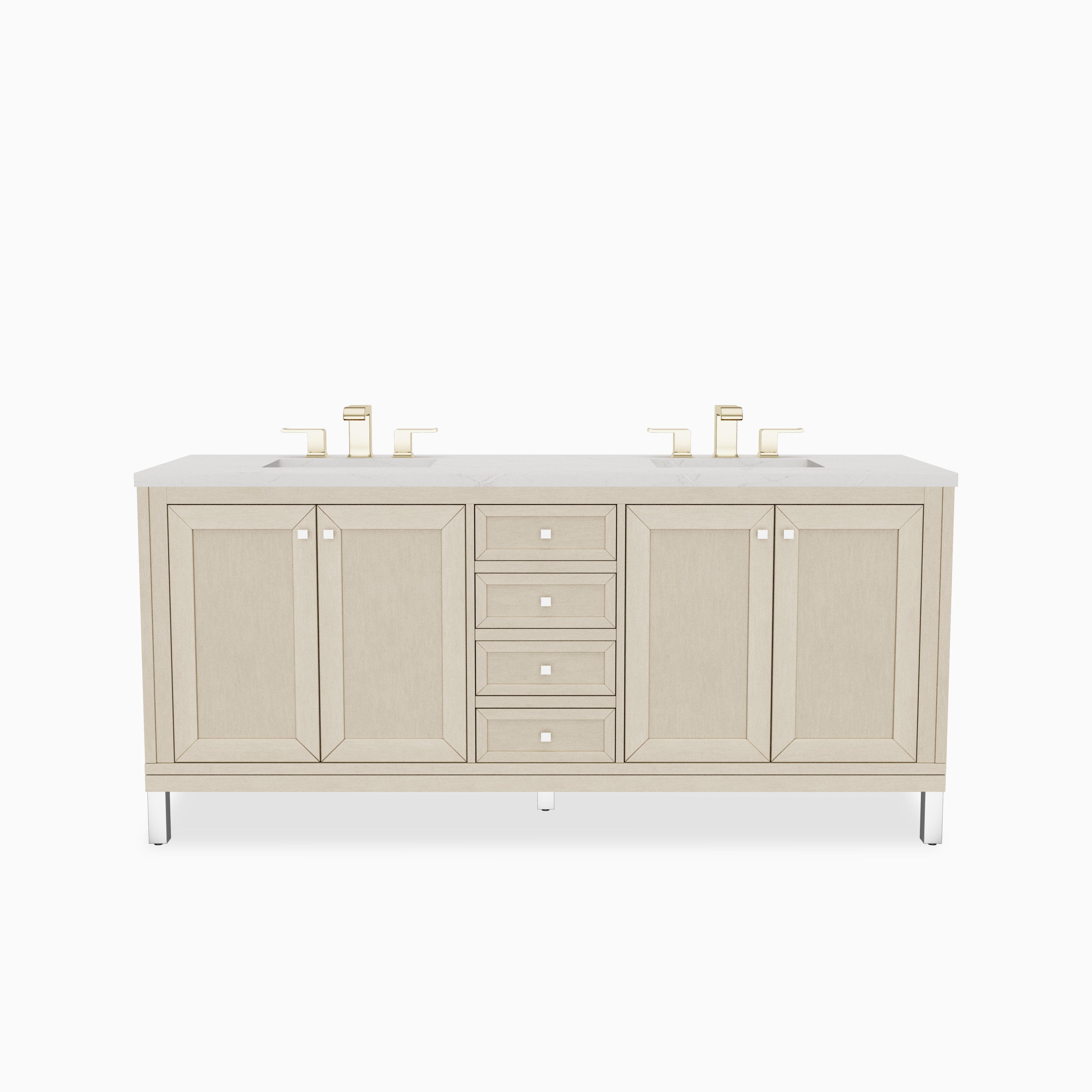 A 72 inch double bathroom vanity in Walnut Whisper with natural brown cabinetry, paneled storage doors, center drawers, brushed hardware, and a Victorian Silver Silestone countertop.