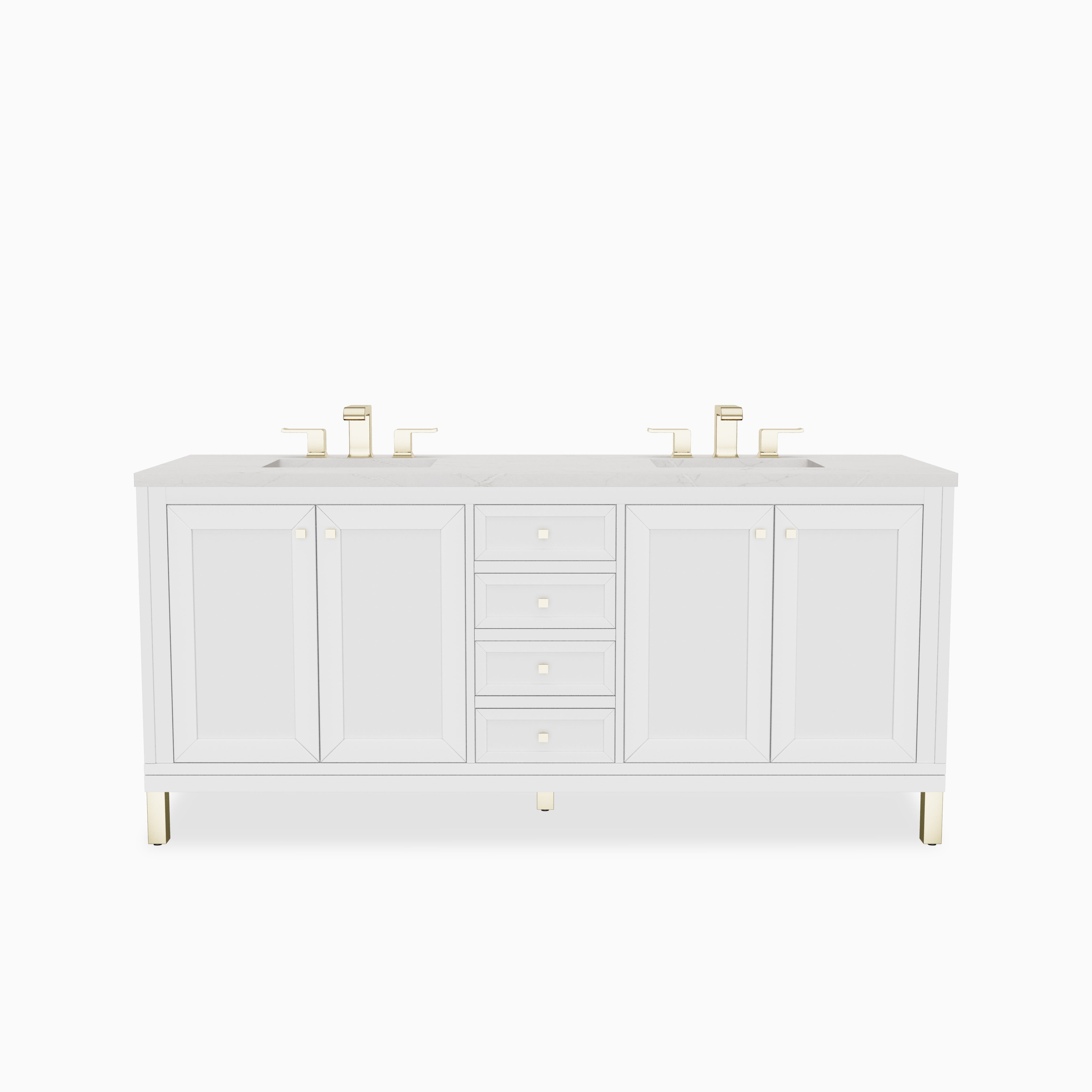 A 72 inch double bathroom vanity in Glossy White with sleek white cabinetry, paneled storage doors, stacked drawers, brushed hardware, and a Victorian Silver Silestone countertop.
