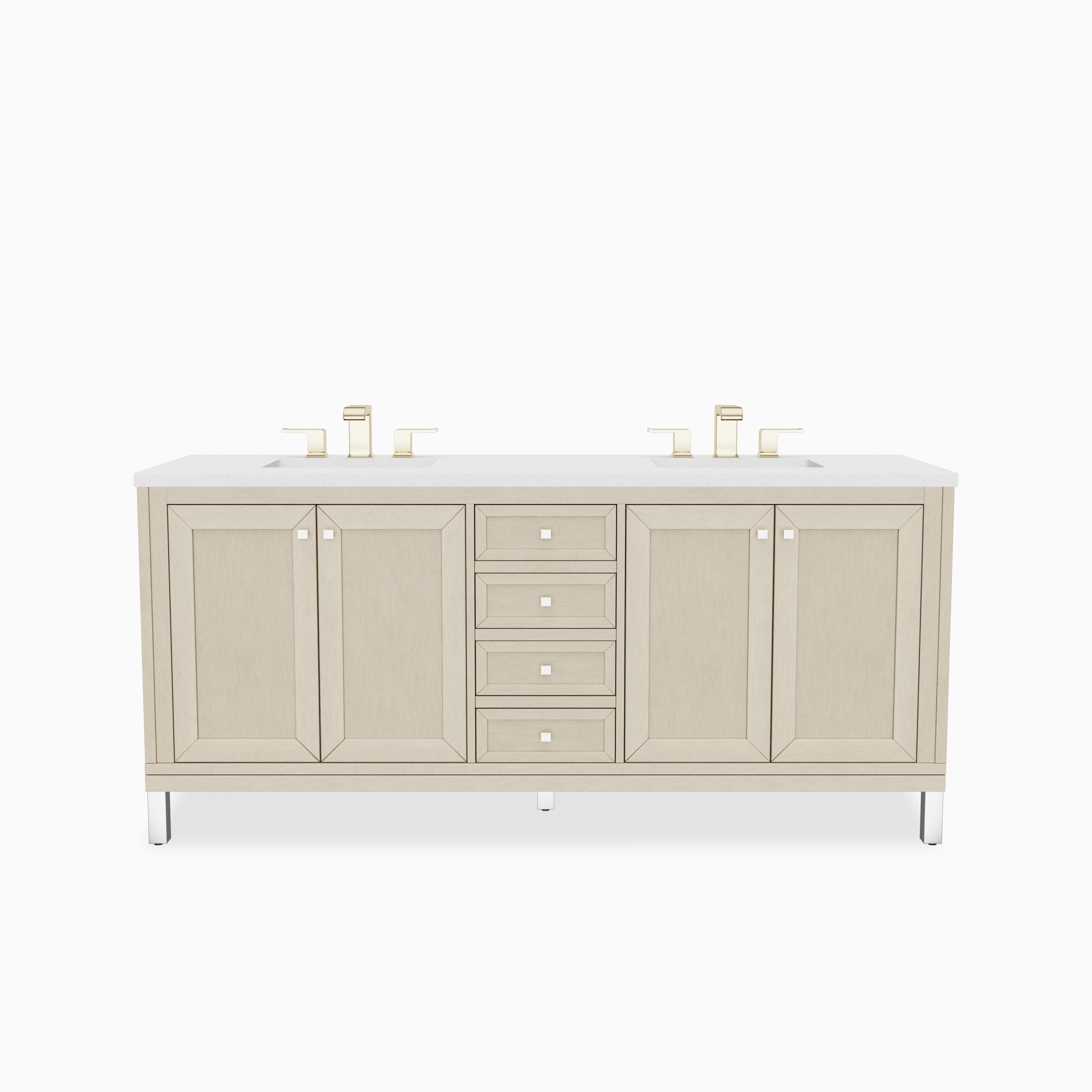 A 72 inch double bathroom vanity in Walnut Whisper with natural brown cabinetry, paneled storage doors, center drawers, brushed hardware, and an Eternal Jasmine Pearl Silestone countertop.