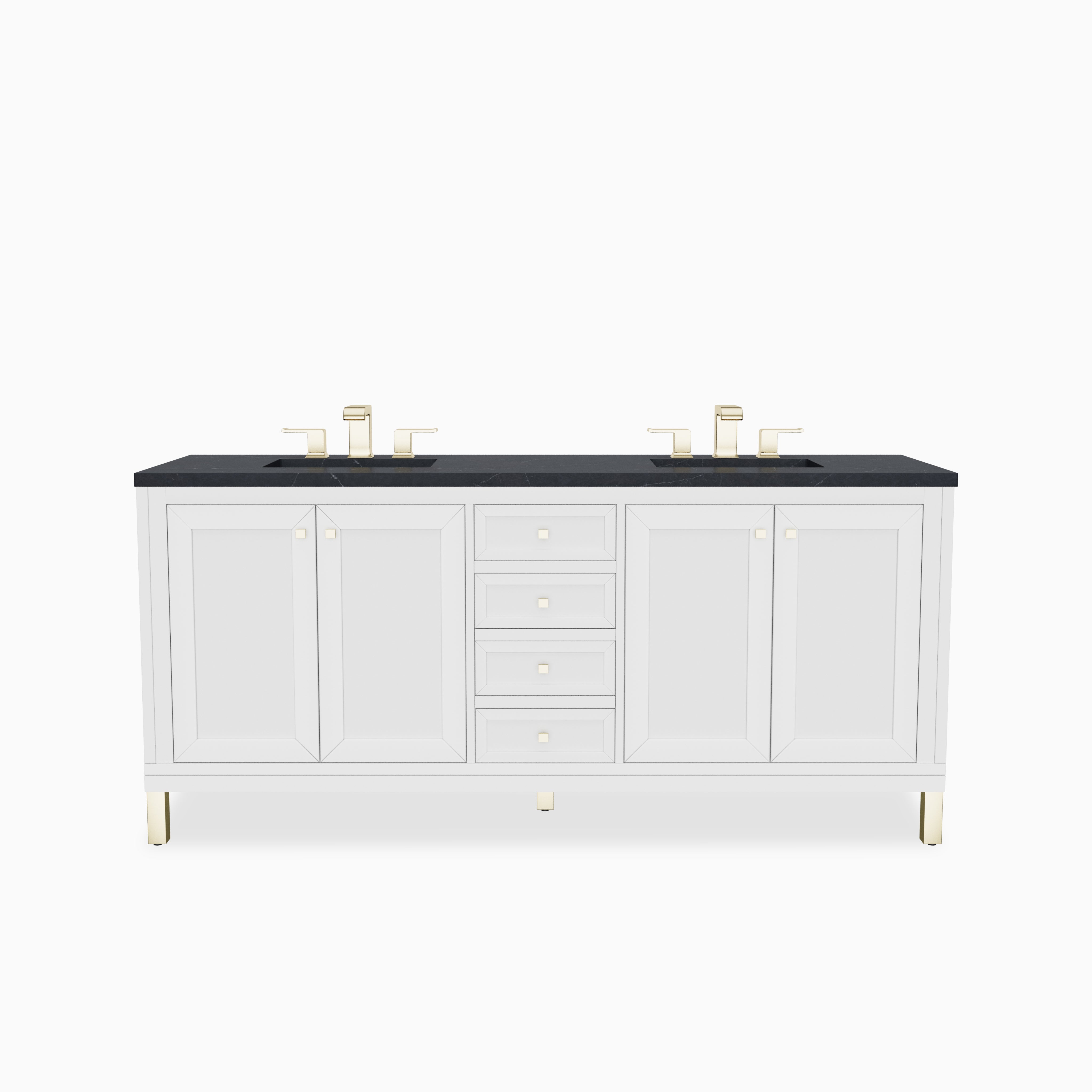 Our Janelle 72 inch double vanity in Glossy White features sleek white cabinetry, paneled cabinet doors, stacked center drawers, and a 3 cm Charcoal Soapstone Silestone countertop with dual sinks.