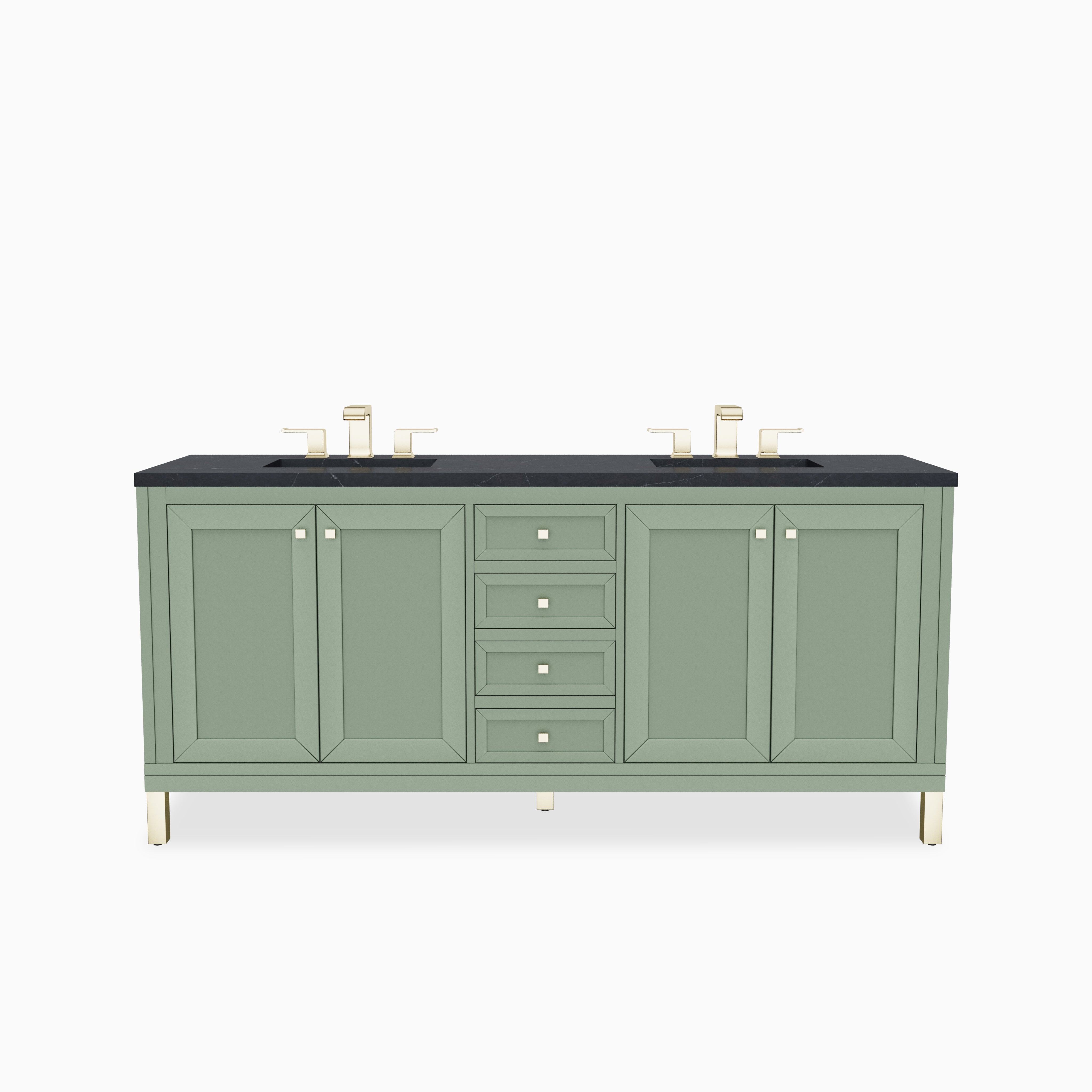 Green double sink vanity with Smokey Celadon cabinetry, paneled storage doors, stacked drawers, and a bold Charcoal Soapstone Silestone countertop paired with brass fixtures.