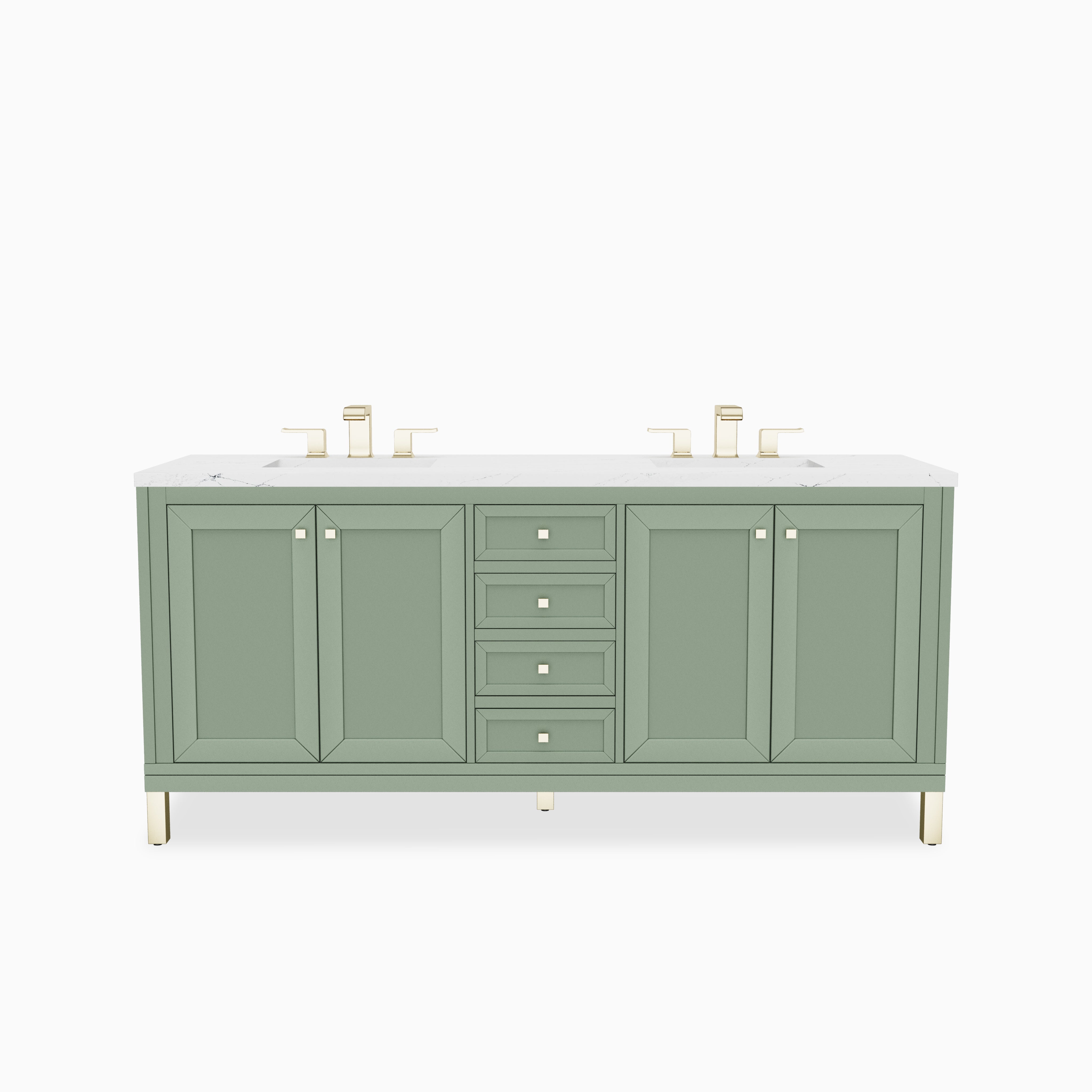 Our Janelle 72 inch double vanity in Smokey Celadon features framed cabinet doors, stacked center drawers, and a 3 cm Ethereal Noctis Silestone top with dual sinks and brass fixtures.