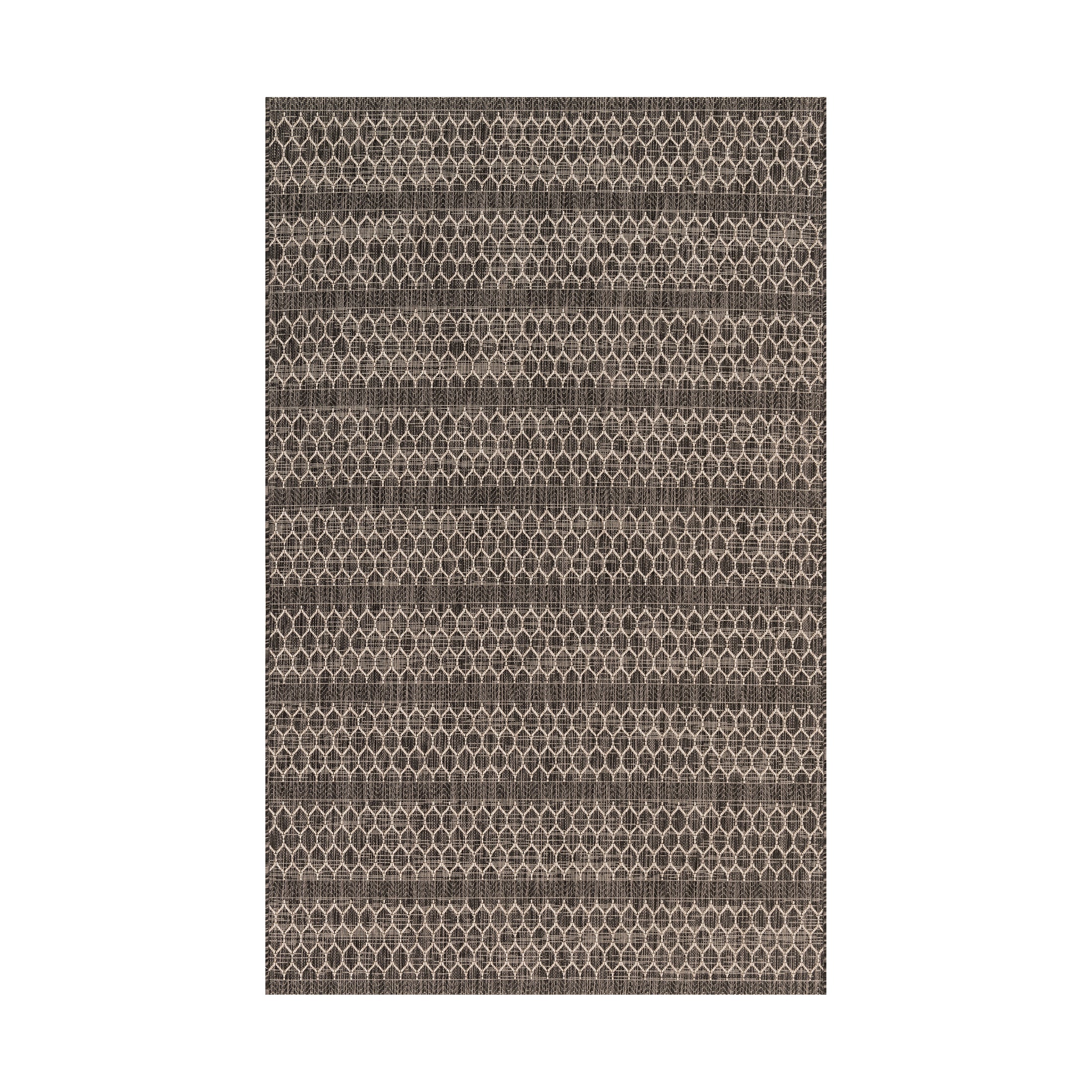 Textured indoor/outdoor rug with a geometric honeycomb pattern in mid gray and black tones, adding warmth and visual rhythm to modern spaces.