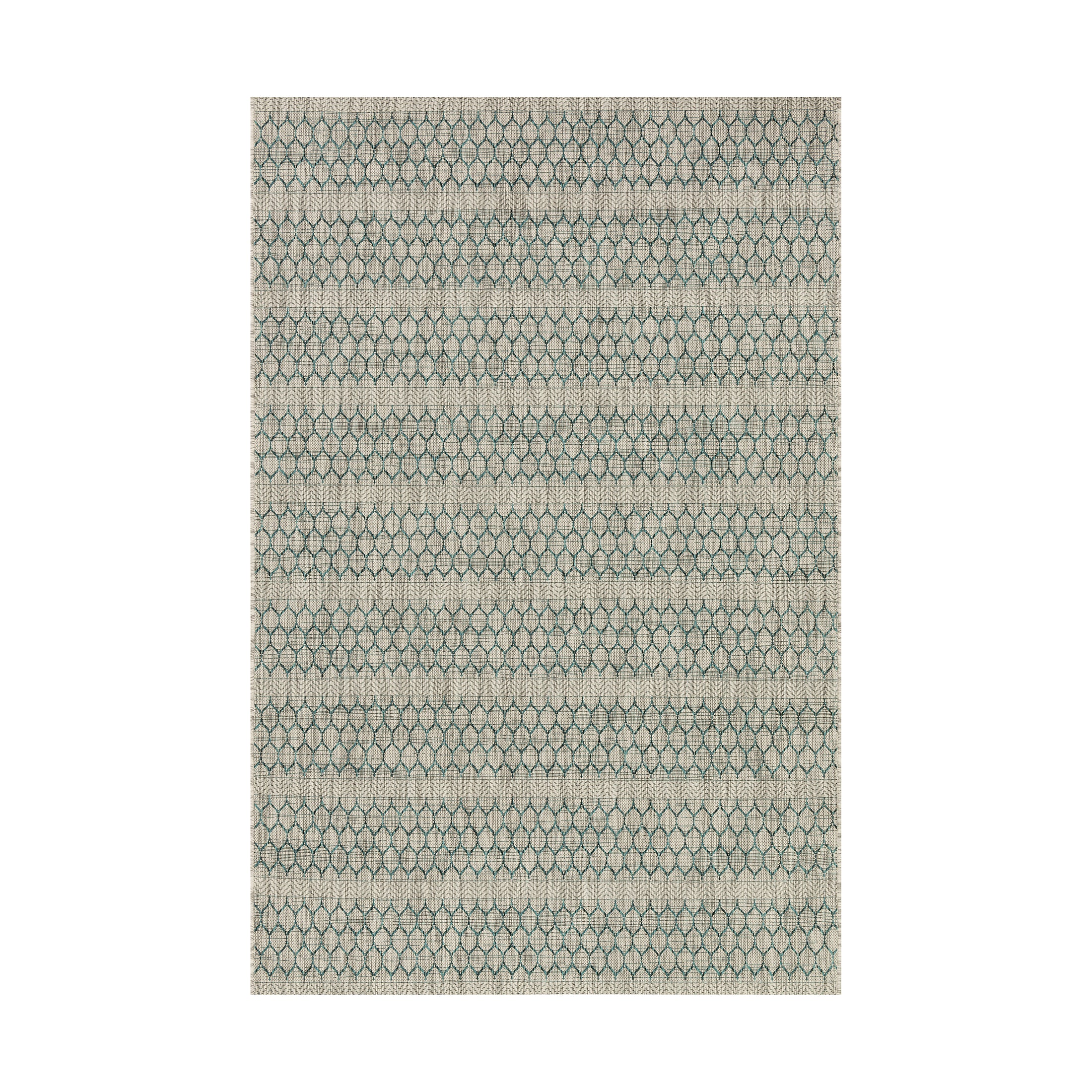 Woven indoor/outdoor rug featuring a repeating honeycomb-like pattern in blue green and gray tones, offering subtle texture and modern charm.