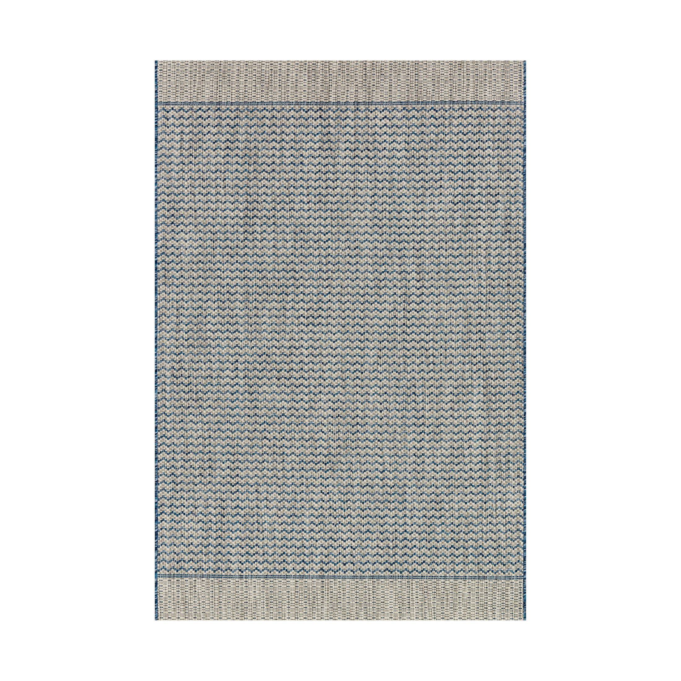 Flatweave indoor/outdoor rug with a blue and light gray zigzag pattern, bordered by wide neutral bands for a crisp, coastal-inspired finish.