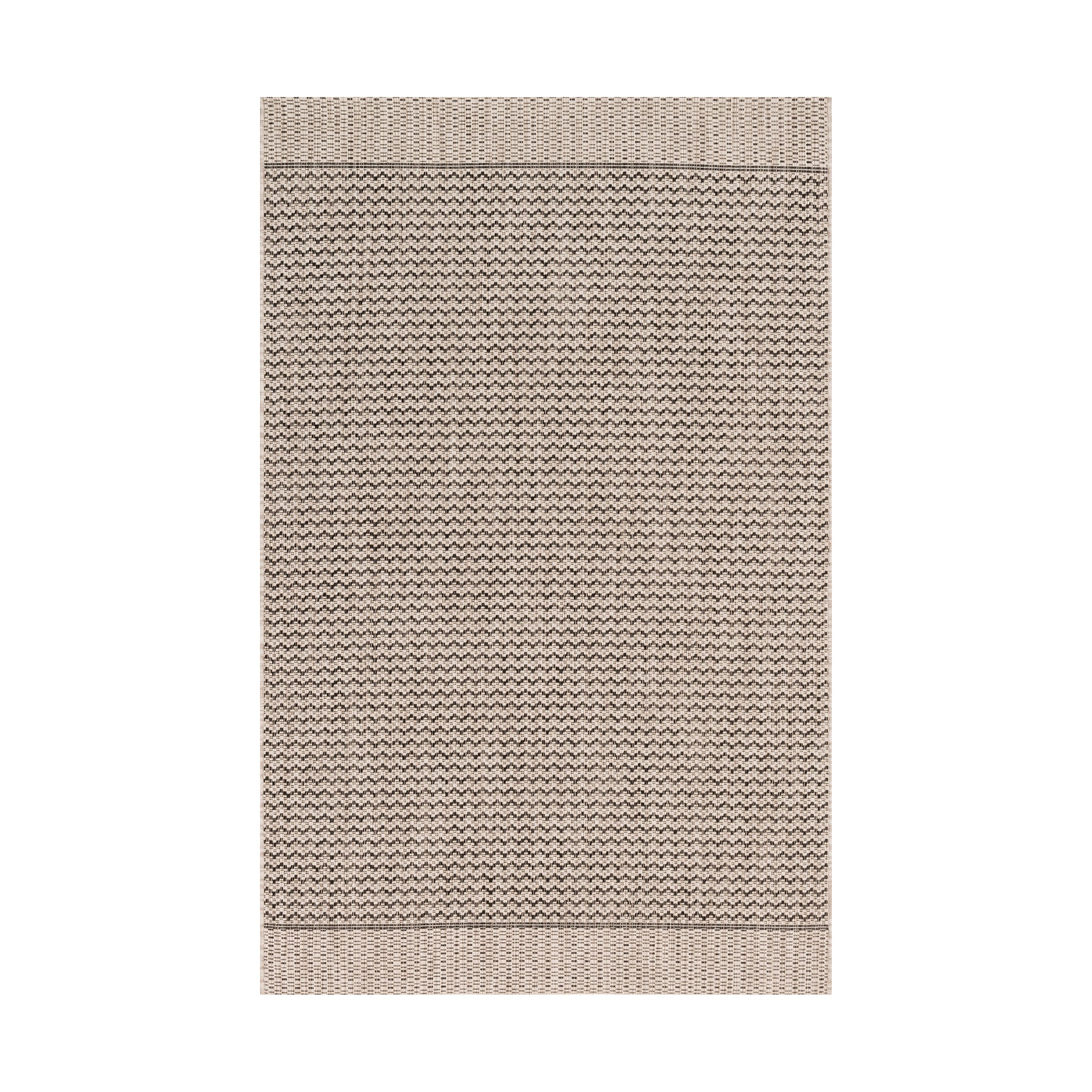 Flatweave indoor/outdoor rug with a tight zigzag pattern in black and earthy gray, finished with wide woven borders for a clean, modern look.
