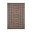 Geometric indoor/outdoor rug with a dynamic optical pattern in black and brown tones, creating depth and movement through linear repetition.