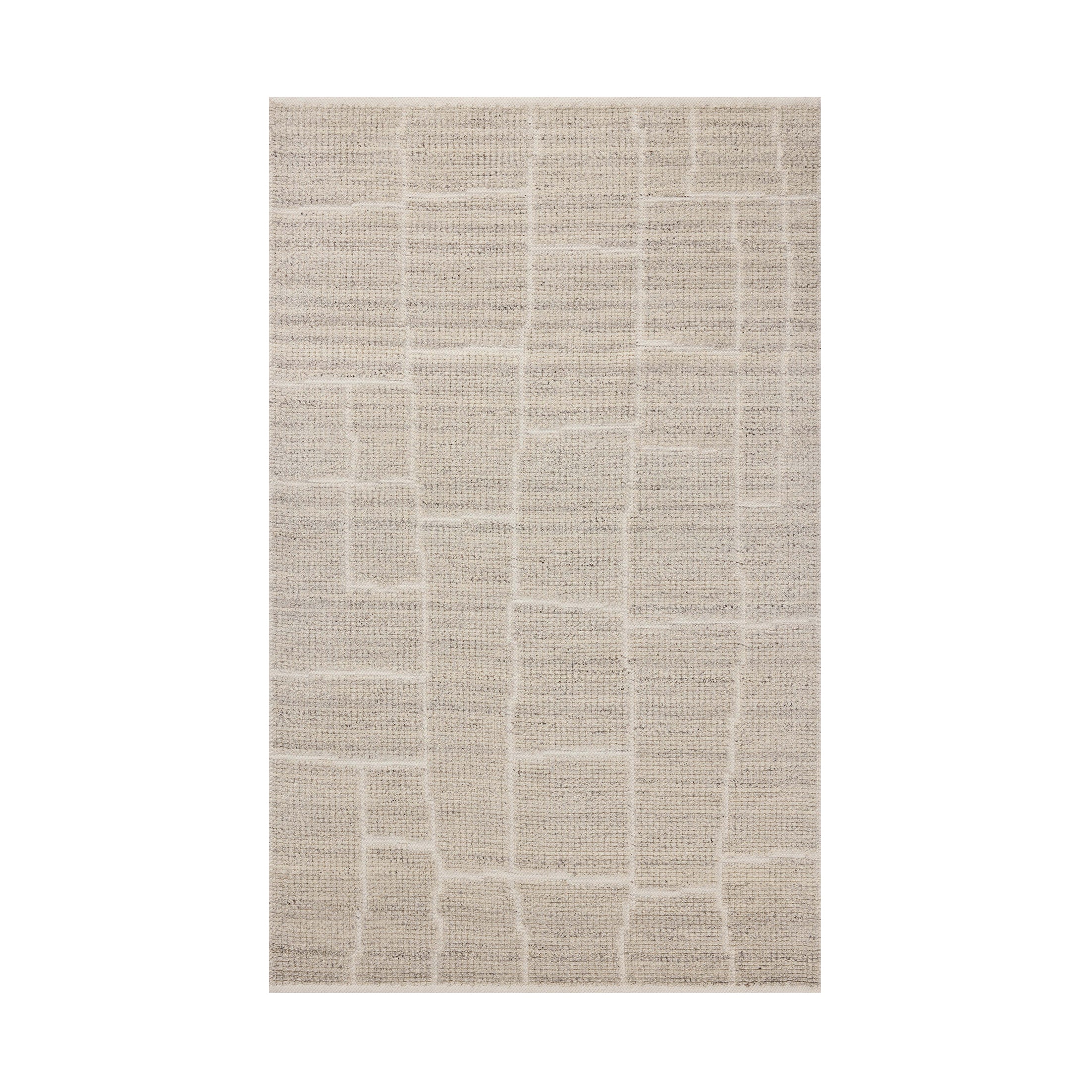 Hand-loomed from a GoodWeave-certified wool-cotton blend, this rug features a grayish beige surface with subtle rectangular lines formed through a flattened weave.