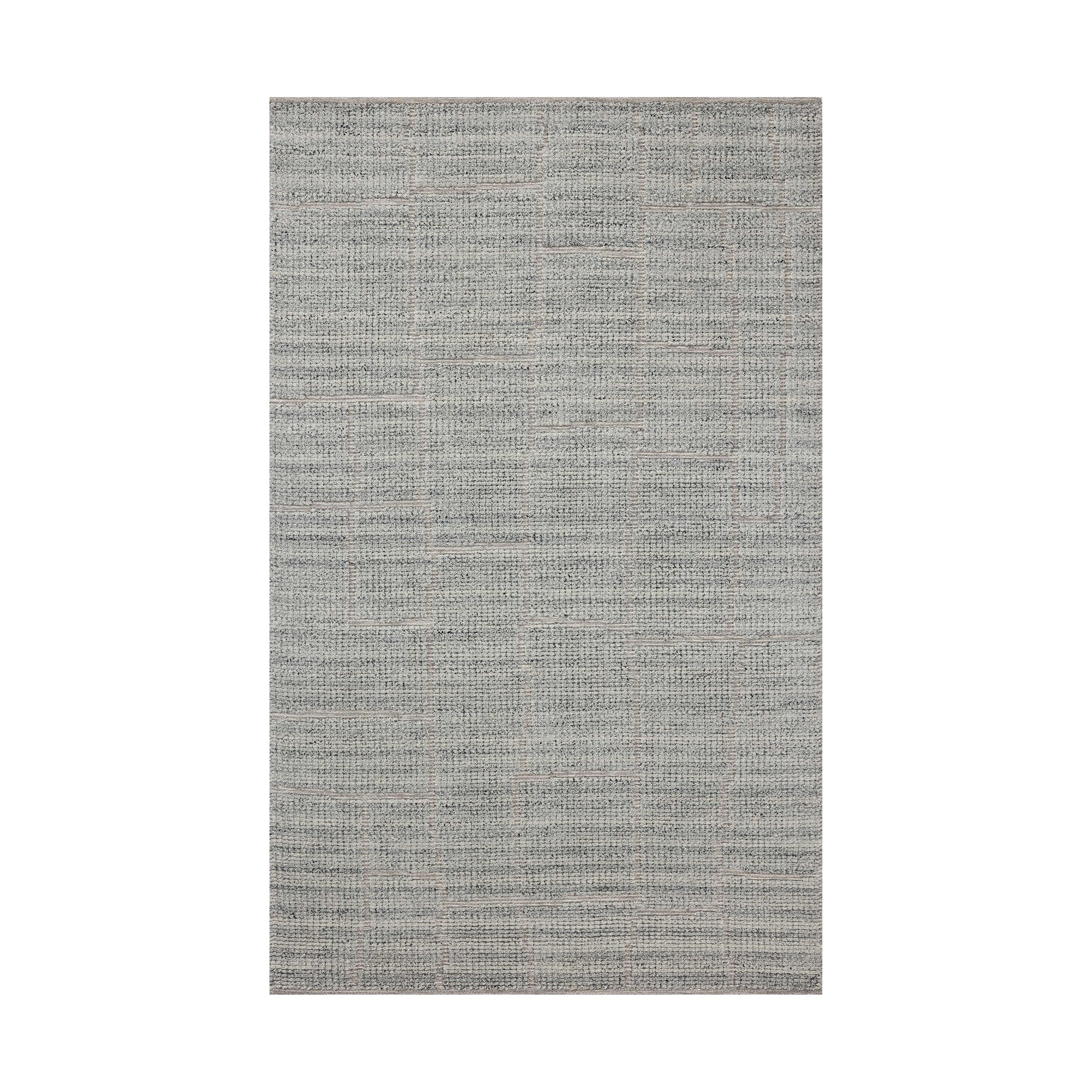 This bluish gray rug features abstract rectangular linework created by a tightening, flattened weave, crafted from an eco-friendly wool, cotton, and polyester blend for soft, lasting wear.