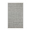 This bluish gray rug features abstract rectangular linework created by a tightening, flattened weave, crafted from an eco-friendly wool, cotton, and polyester blend for soft, lasting wear.