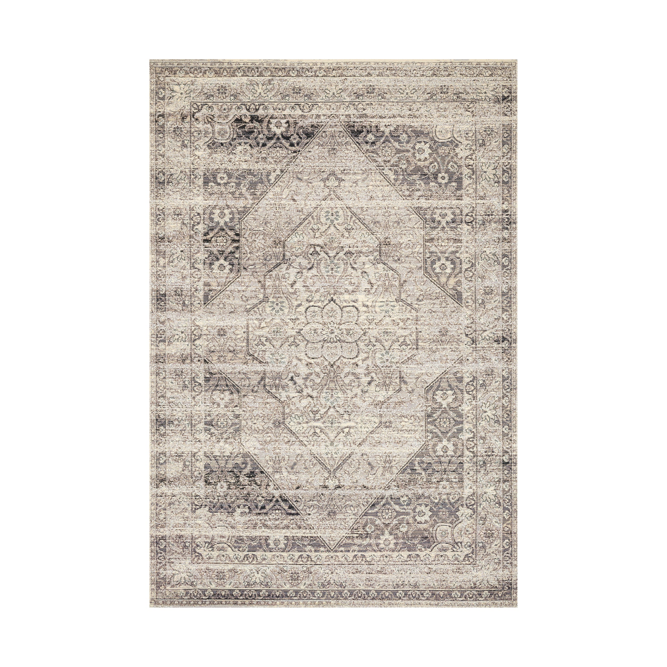 Rectangular area rug featuring a softly distressed vintage-inspired pattern with a central medallion, intricate border detailing, and a muted neutral palette of ivory, beige, and gray for a timeless, lived-in look.