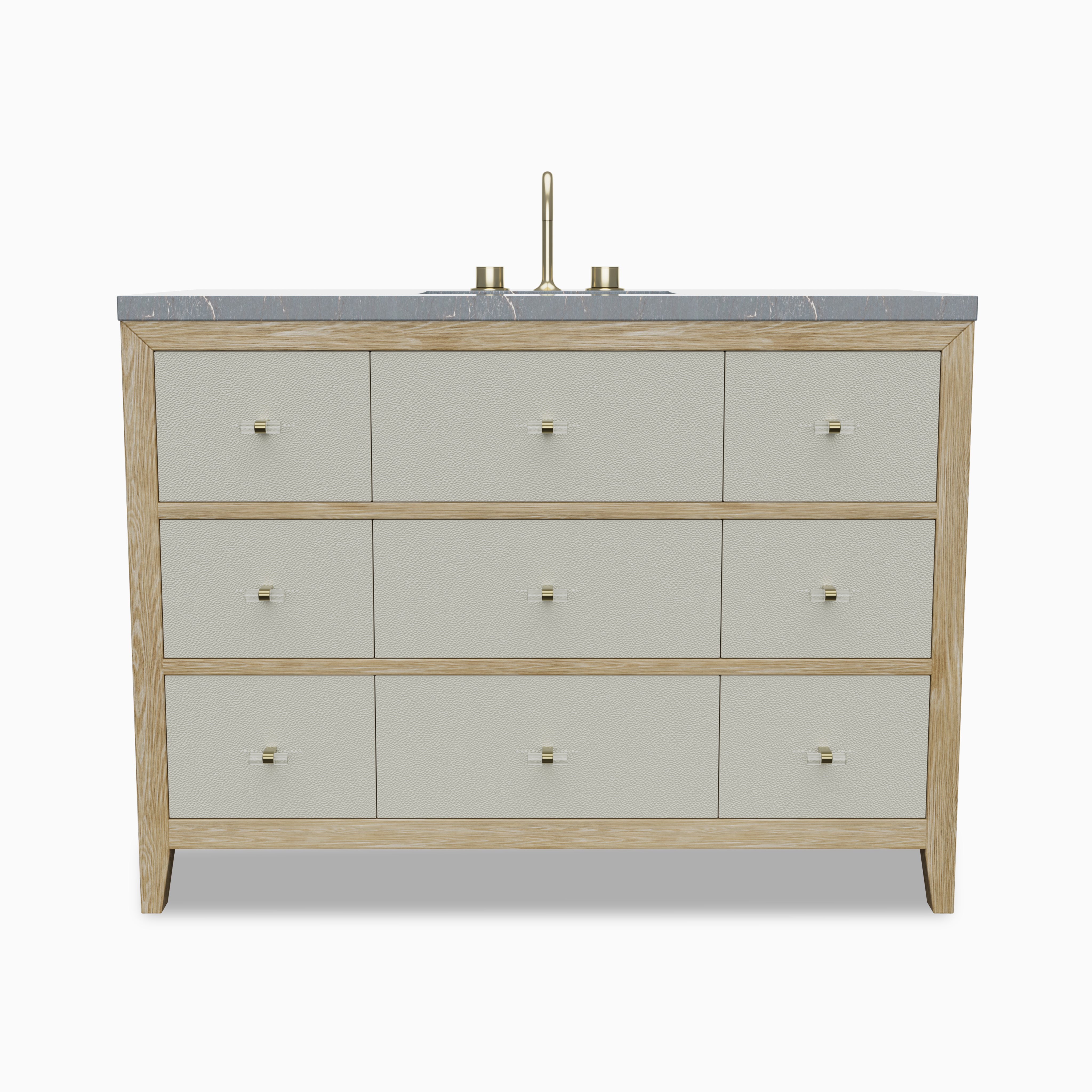 48 inch oak vanity with Parisien Bleu quartz top, textured drawers, brass faucet, and modern linear hardware.