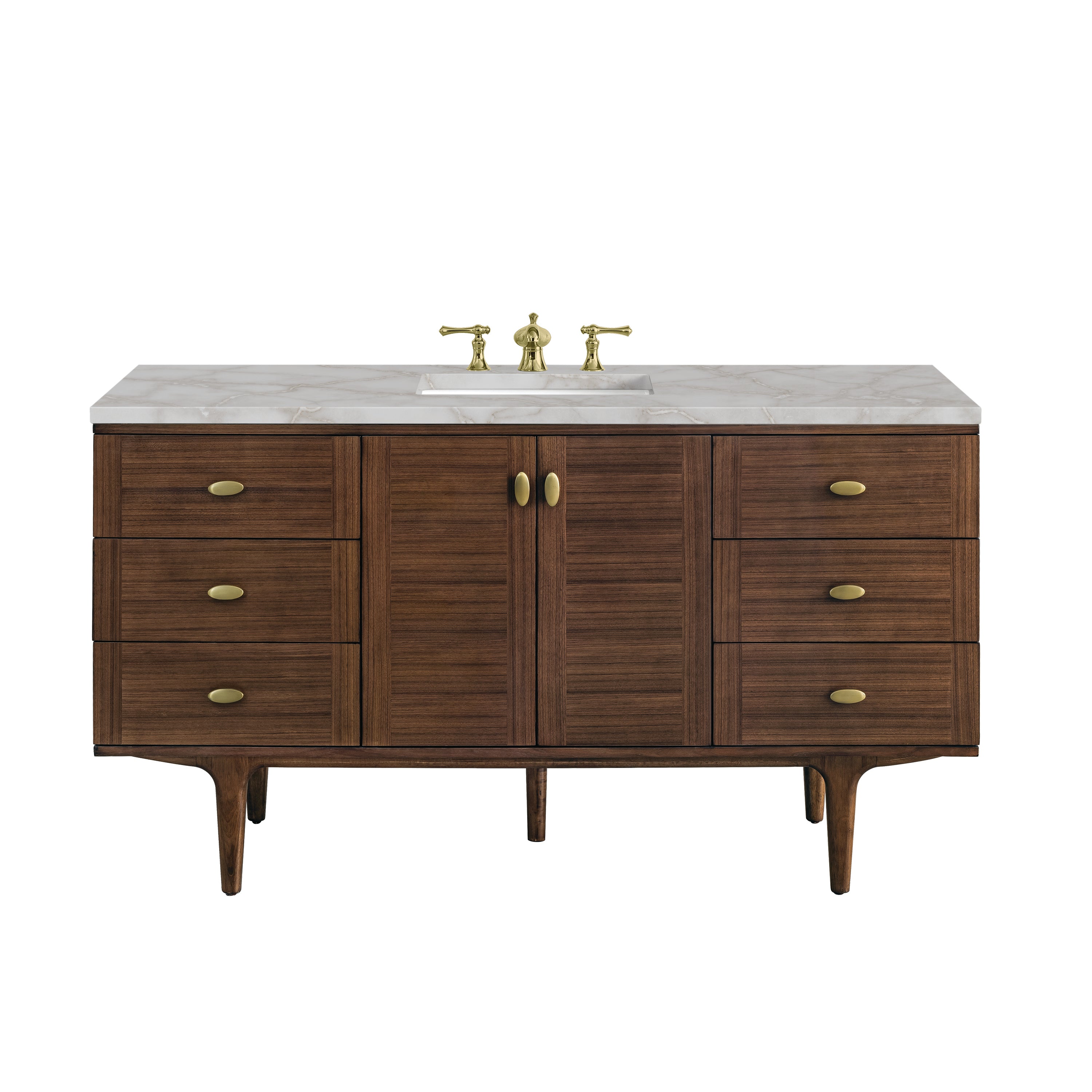 Sized at 60 inches, this Demi single vanity in mid-century walnut features textured wood cabinetry with six drawers and center doors, topped with a 3 cm Victorian Silver quartz top.