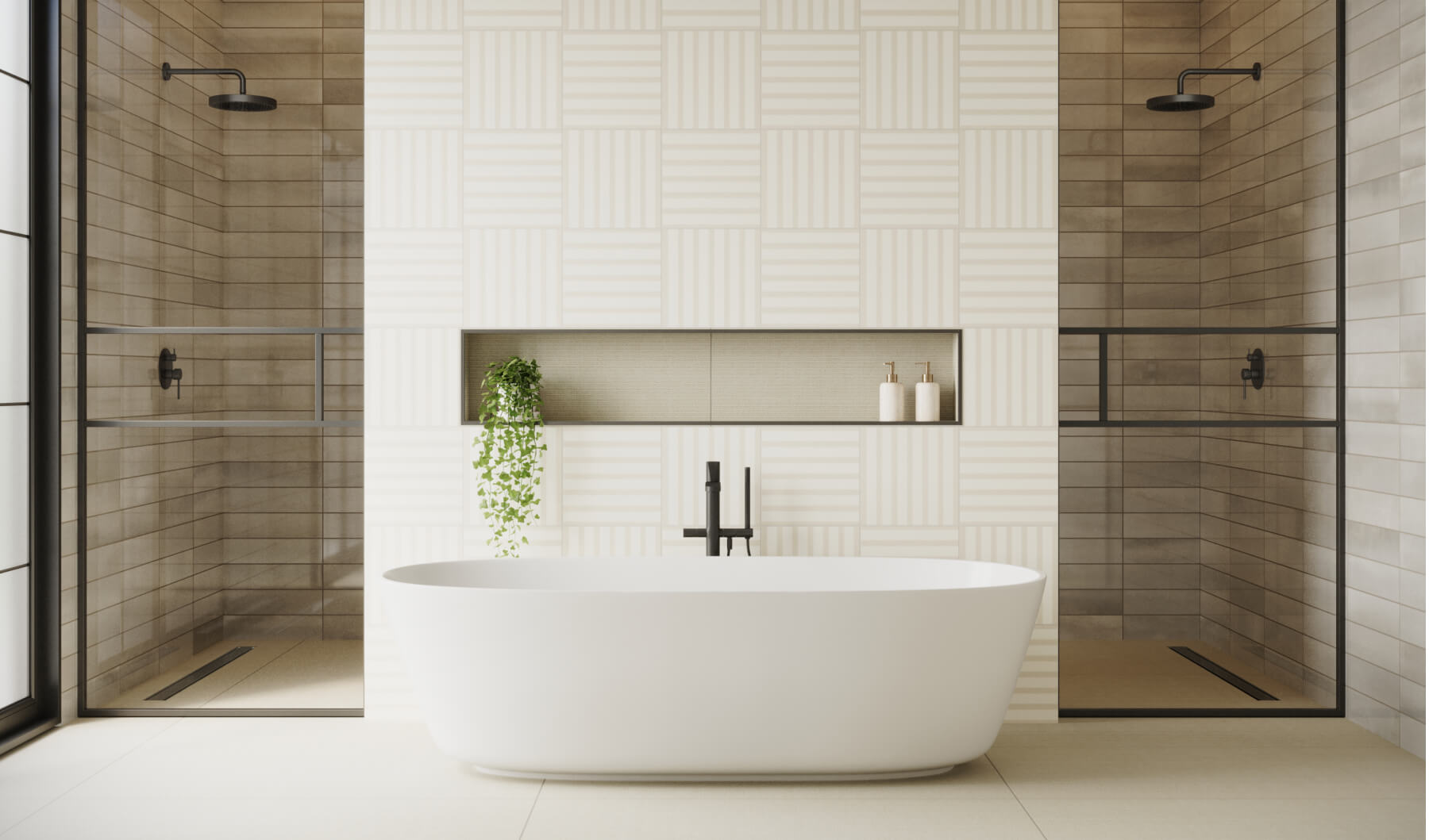Luxurious bathroom adorned with 12x12 Riley Matte tiles in striped pattern cream, offering a lavish and serene ambiance.