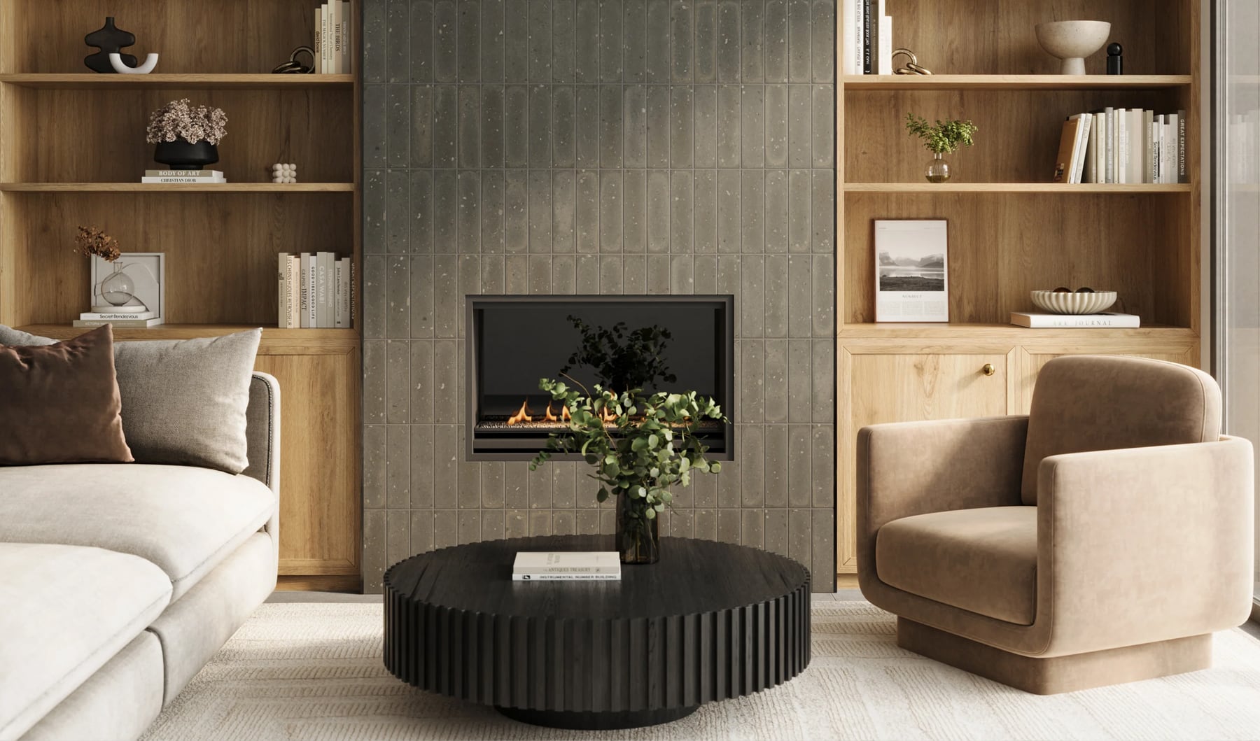 Soothing ambiance with charcoal-hued, brick look tile framing a cozy fireplace, harmonizing with the warm wood tones