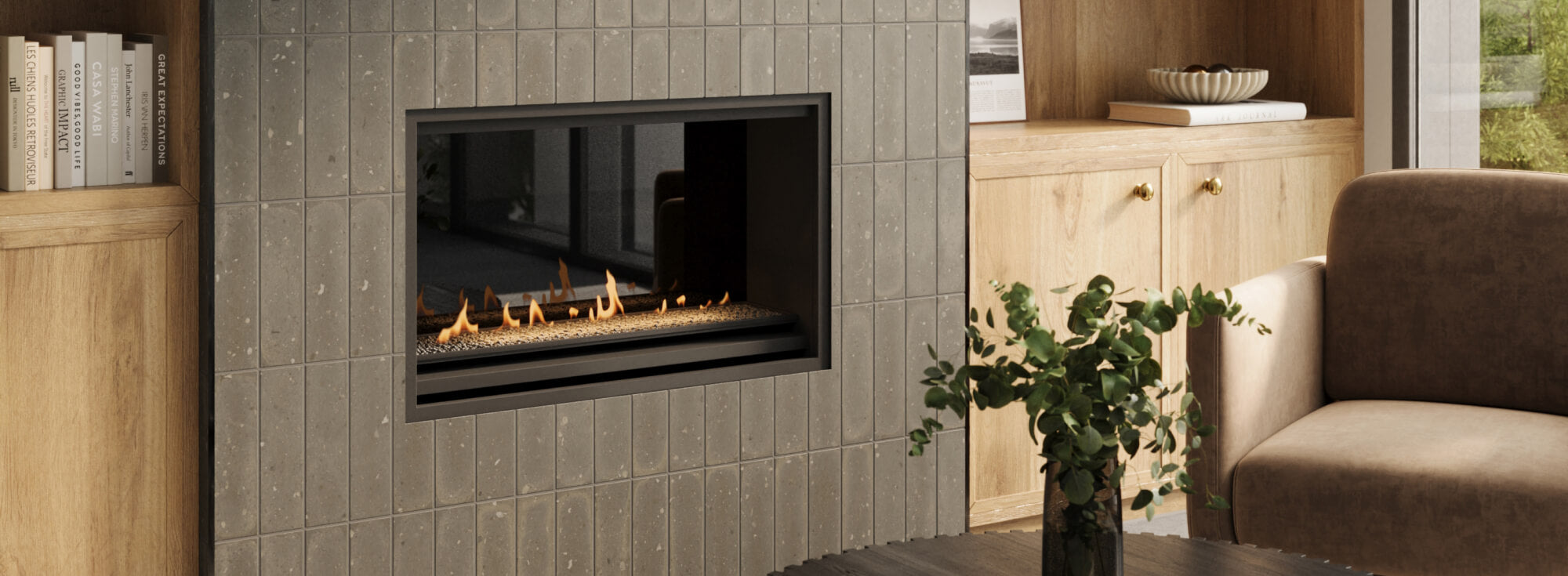 Cozy fireplace enhanced with concrete look tiles, combining warmth with industrial chic for a comforting ambiance.