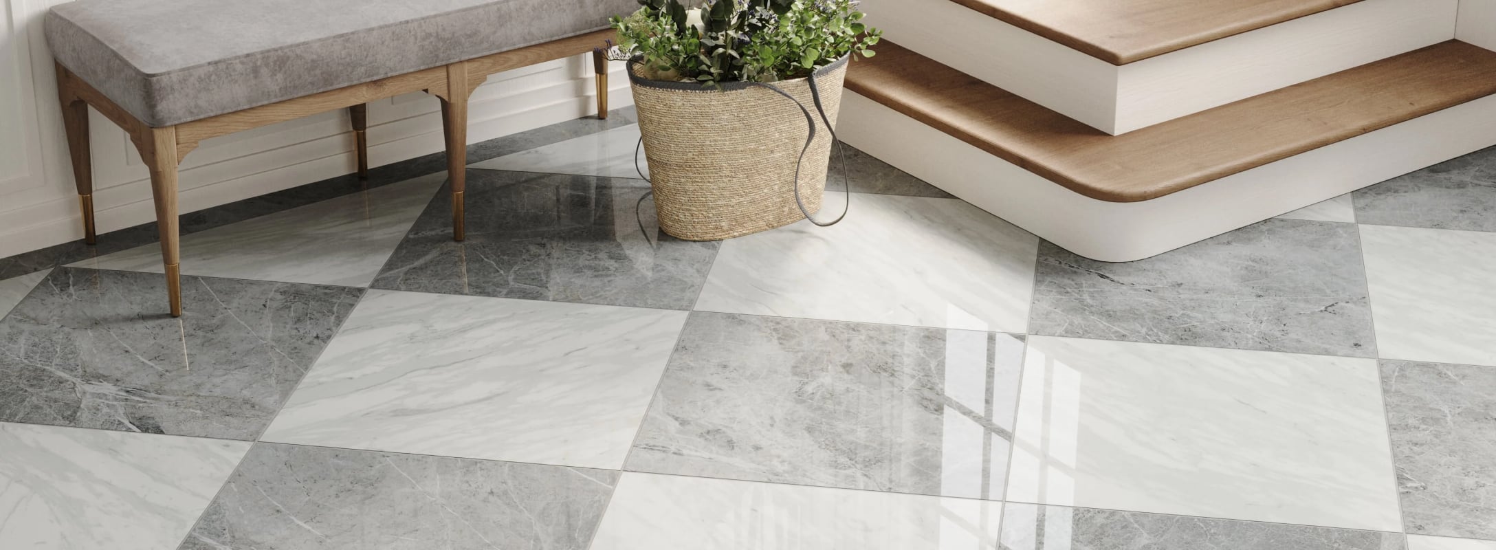 Stone Look Porcelain Floor Tile adds elegance with a checked design, enriching luxurious spaces with timeless charm.