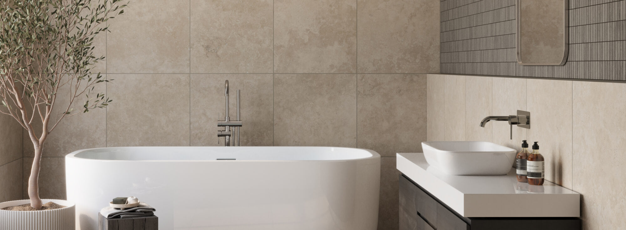 Luxurious bathroom with large format tiles, creating a spacious and grandeur ambiance with sleek elegance.