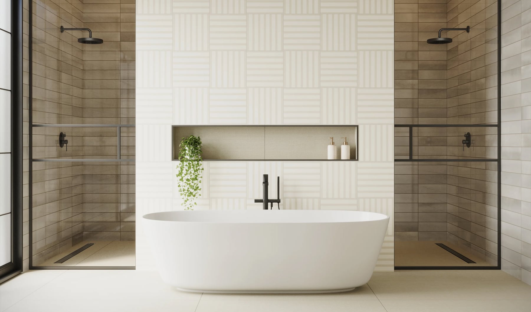 Contemporary bathroom with multicolor tile, creating a clean and layered look for a serene bathing oasis