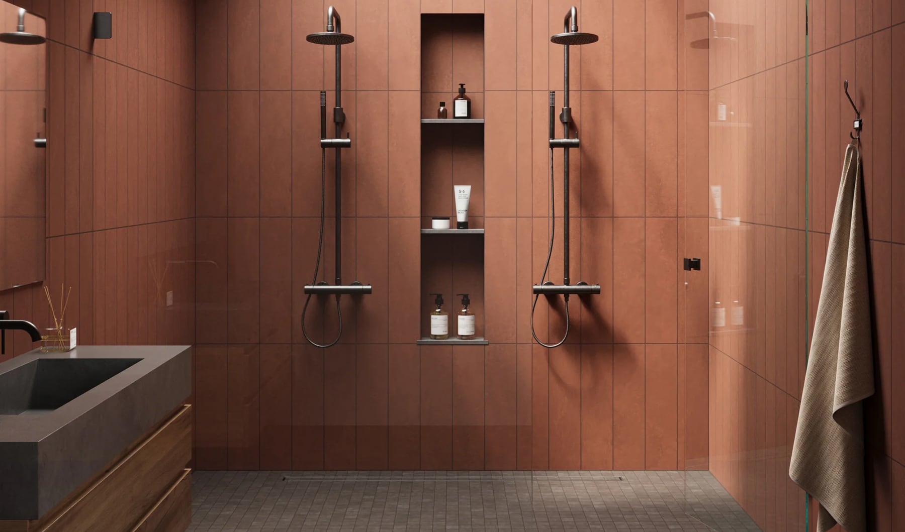 Inviting bathroom shower clad in rich red tile, offering a bold and luxurious bathing experience