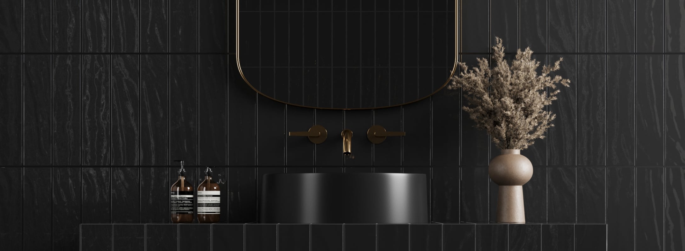 Luxury Black Subway Tile walls in a contemporary bathroom, adding a sophisticated and elegant touch.