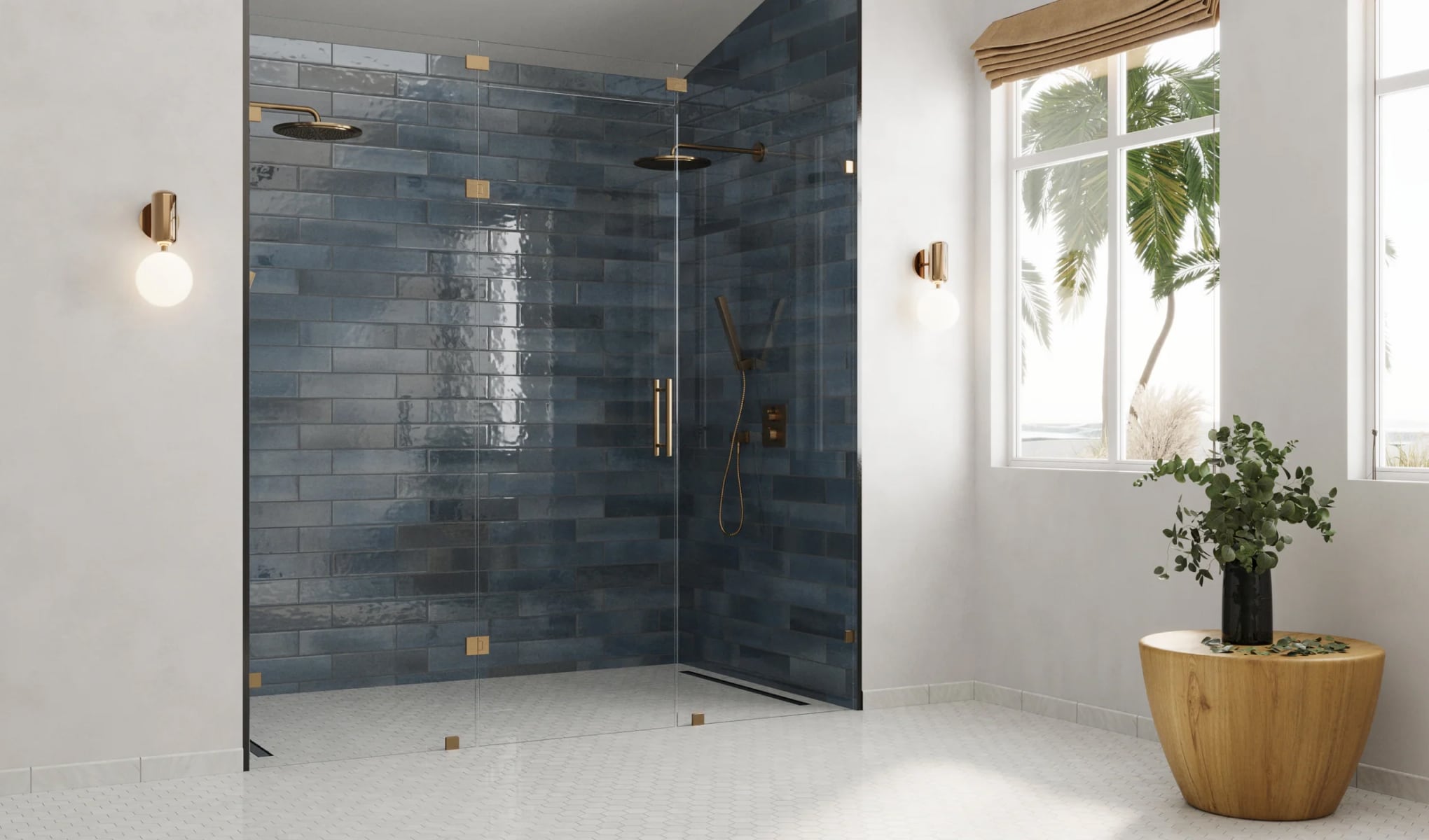Elegant Blue Subway Tile graces a luxurious shower, adding a touch of sophistication and serene beauty.