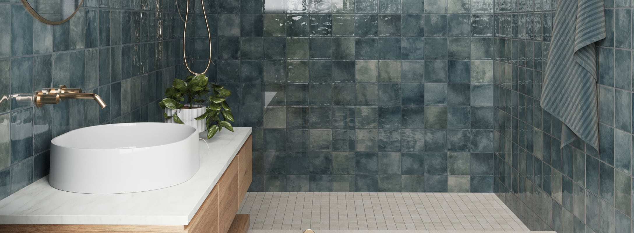 Ceramic Blue Tiles in a sleek bathroom setting, exuding modern sophistication and tranquil elegance.