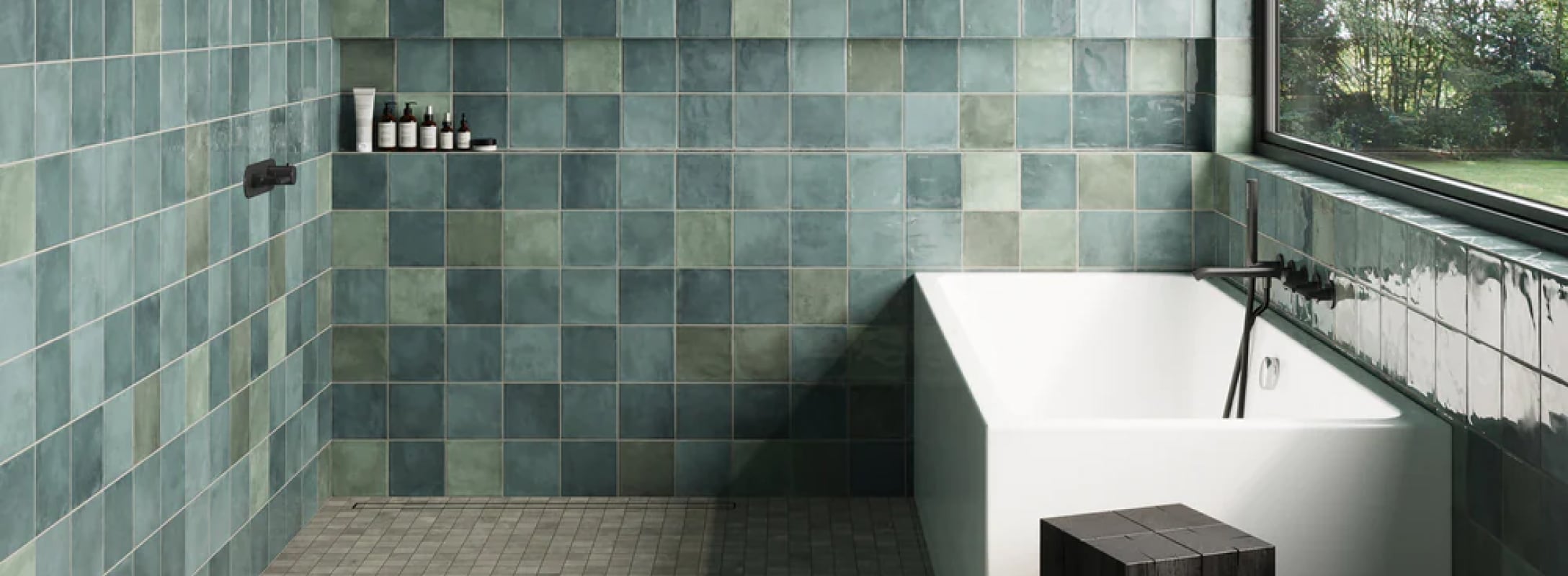 Ceramic Green Wall Tile in a modern bathroom, showcasing a spectrum of hues for a vibrant and sophisticated ambiance.