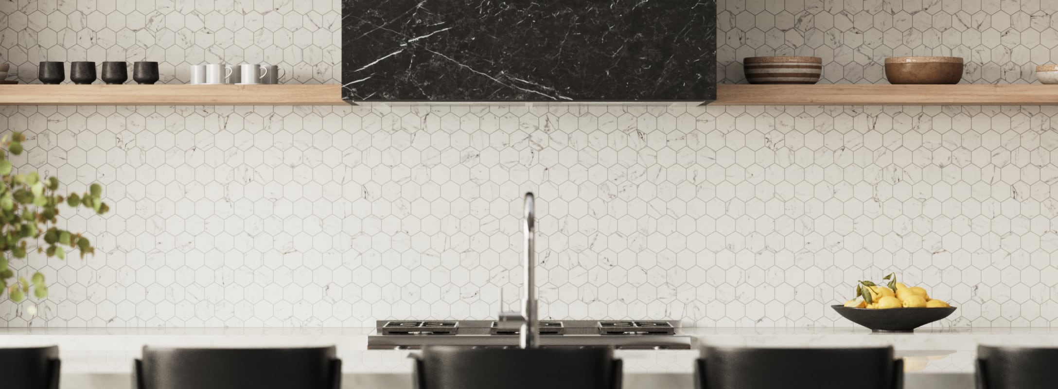 White Kitchen Backsplash Tiles provide a pristine, elegant finish, enhancing the kitchen's charm and style.