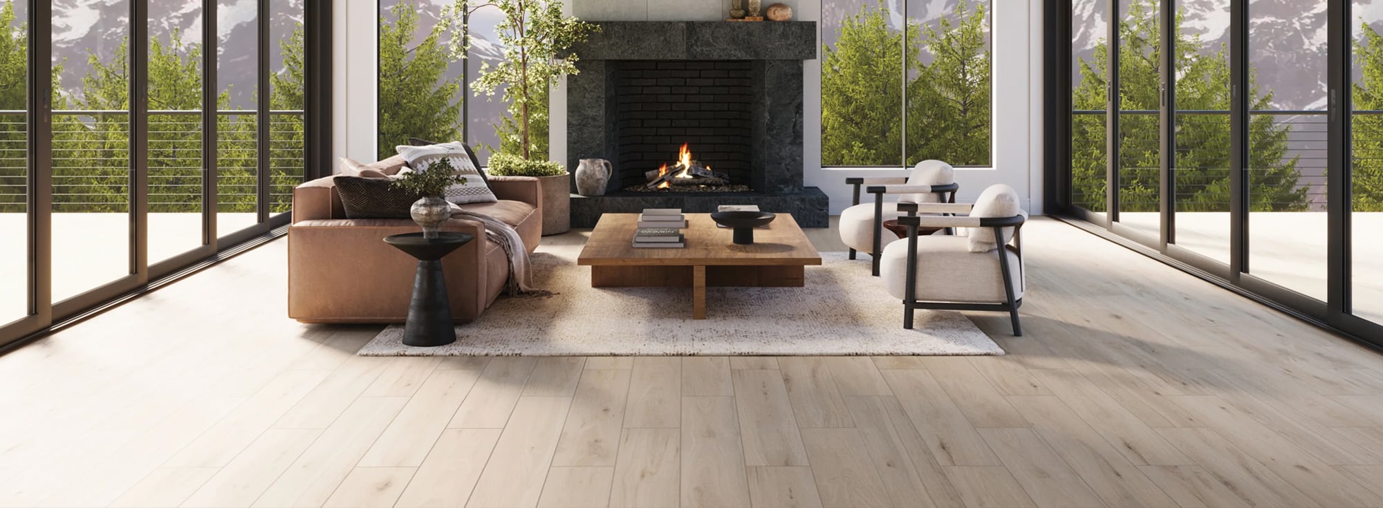 Wood look tile stretches across a serene living room, leading to a cozy fireplace and breathtaking mountain views