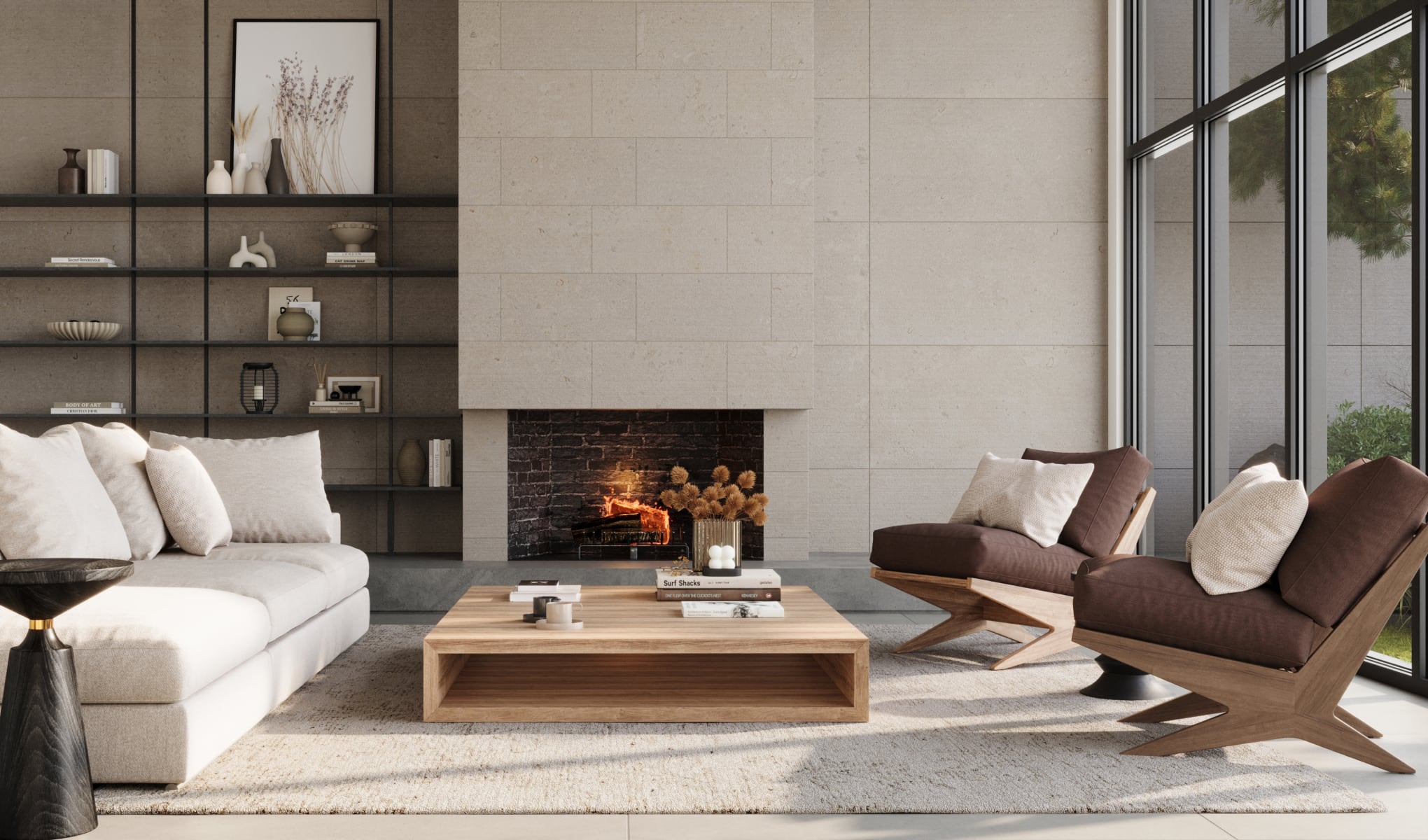12x24 Tile adorns a modern living space's fireplace wall, melding sleek design with cozy elegance.