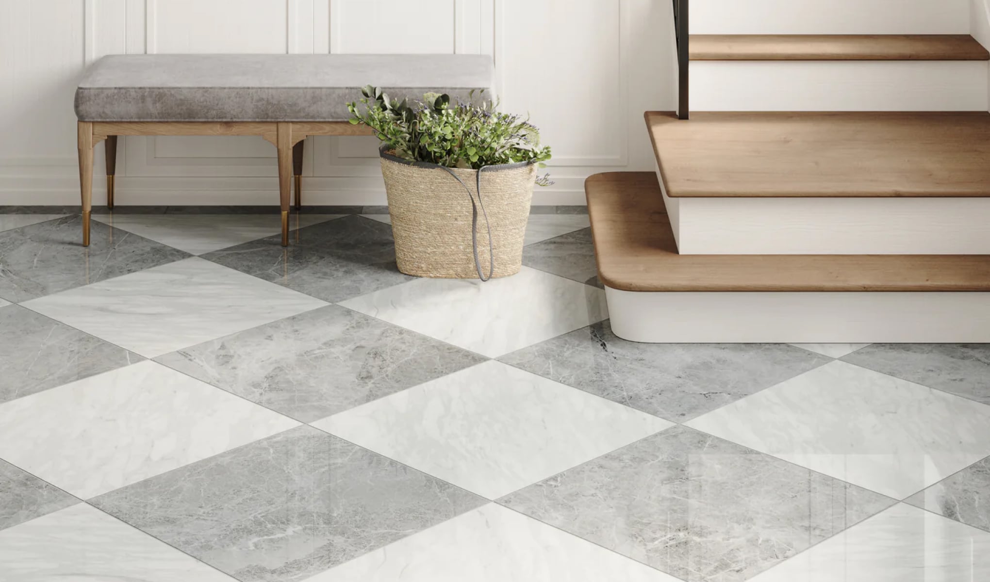 Stone Look Porcelain Floor Tiles in a checked design add opulence to any room with their luxurious, timeless appeal.