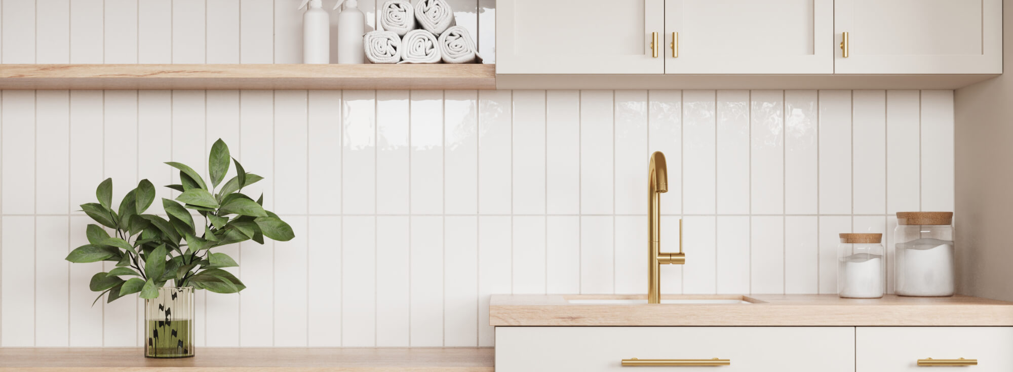Laundry room enhanced with white subway wall tile, creating a clean, airy atmosphere with classic charm.