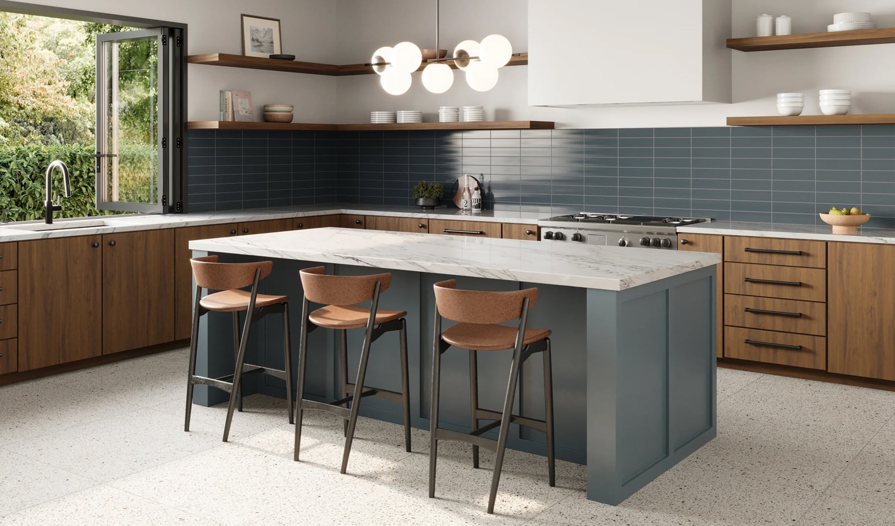Sleek terrazzo look tile complements the modern kitchen's clean lines and blue backsplash