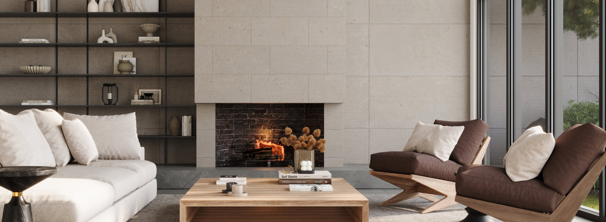 Contemporary living space adorned with wall tiles, adding texture and elegance for a chic, modern ambiance. 