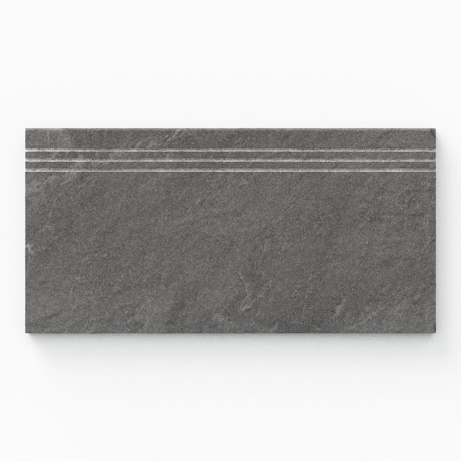 Bowden 12x24 Grip Porcelain 2cm Coping / Stair Tread in Charcoal, showcasing a rich dark gray finish for a bold outdoor aesthetic.
