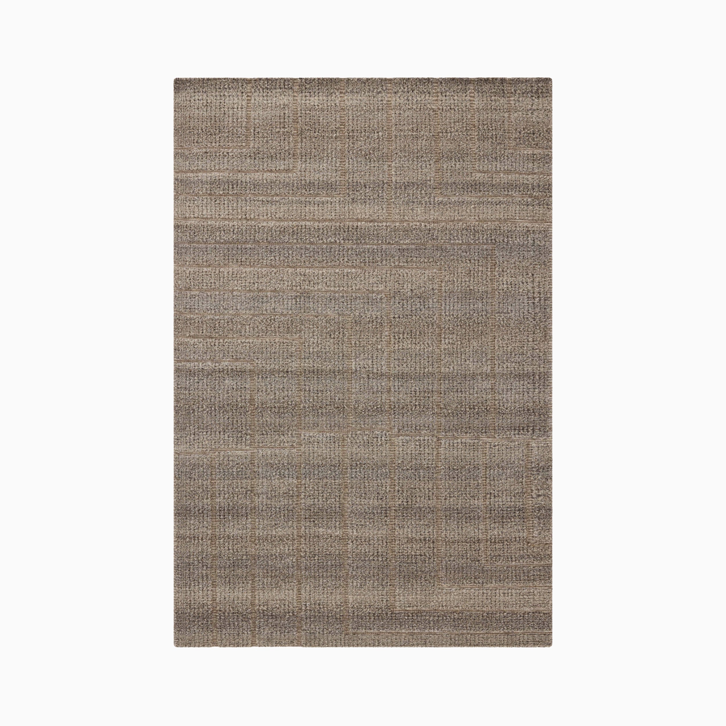 This 2'0" x 3'0" brown rug shows subtle shifts in tone and angular geometric lines, hand-loomed from an eco-friendly blend of wool, cotton, and polyester for a warm, easy feel.