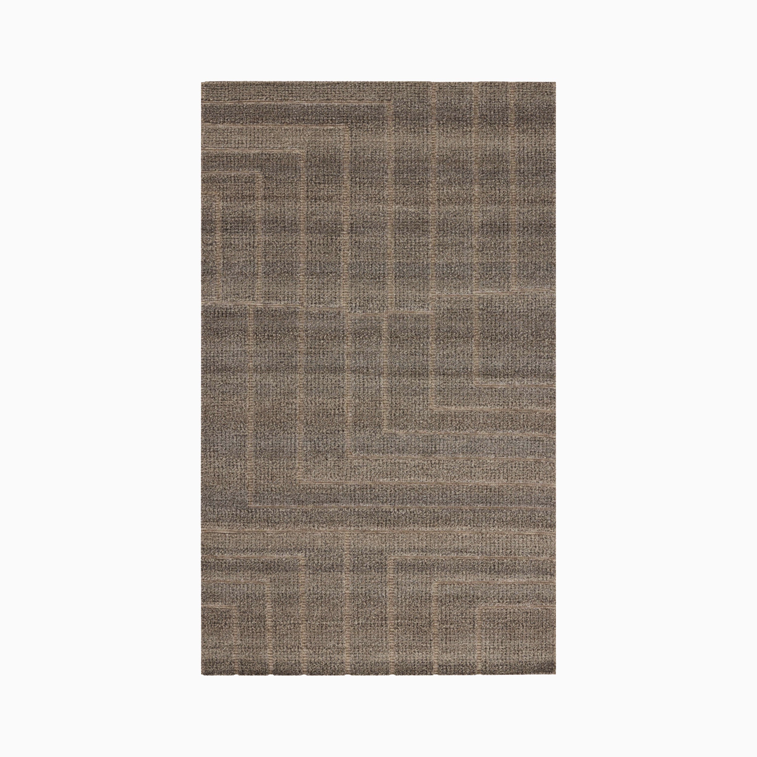 Sized at 5'6" x 8'6", this hand-loomed rug combines a brown surface, gentle tonal variation, and angular geometric lines in an eco-friendly wool, cotton, and polyester blend.