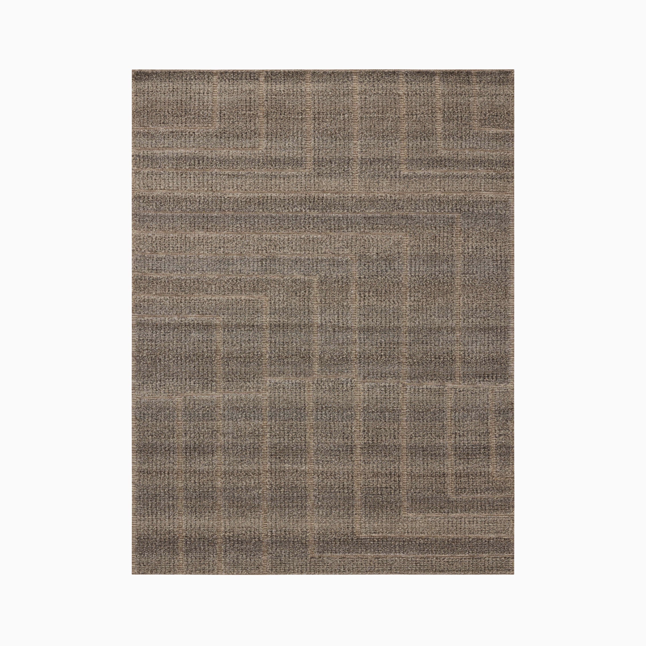 Woven from an eco-friendly blend of wool, cotton, and polyester, this 7'9" x 9'9" rug features a brown surface with soft tonal shifts and angular lines forming a geometric pattern.